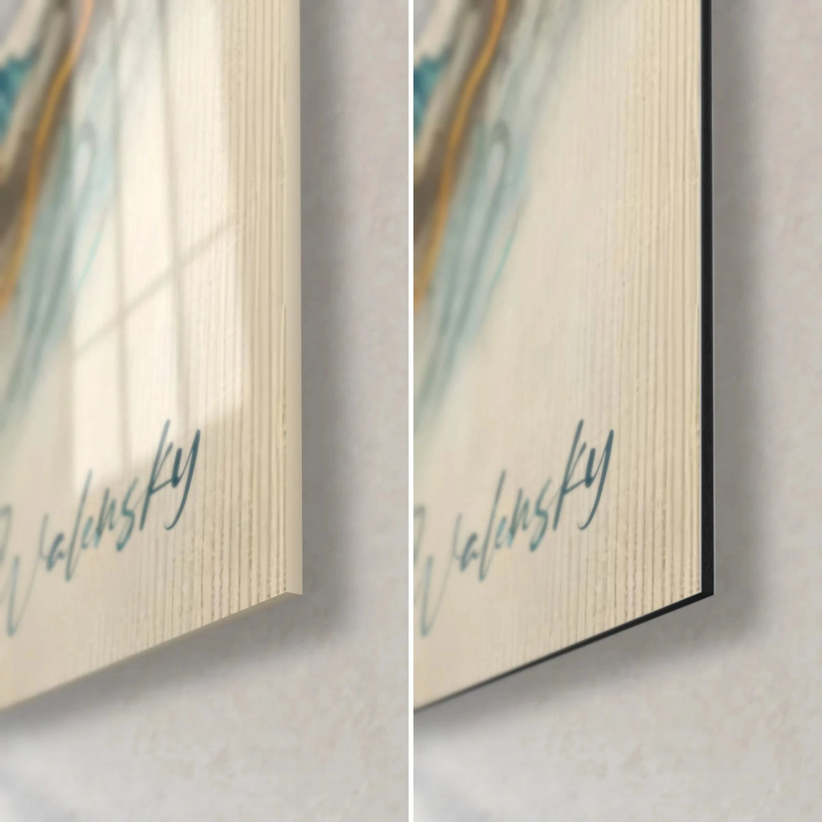 Gemälde Gipfel verschneit in Blau und Creme, Walensky-Signatur, unten rechts: glänzendes Acrylglas links, matt gebürstetes Dibond rechts, schlanke Kante