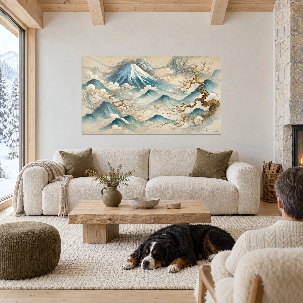 Gemälde Mount Fuji verschneit in Gletscherblau vor cremefarbenen Wolken, goldene Zweige, schwarzer Hund schläft auf einem Sofa in einem hellen Wohnzimmer