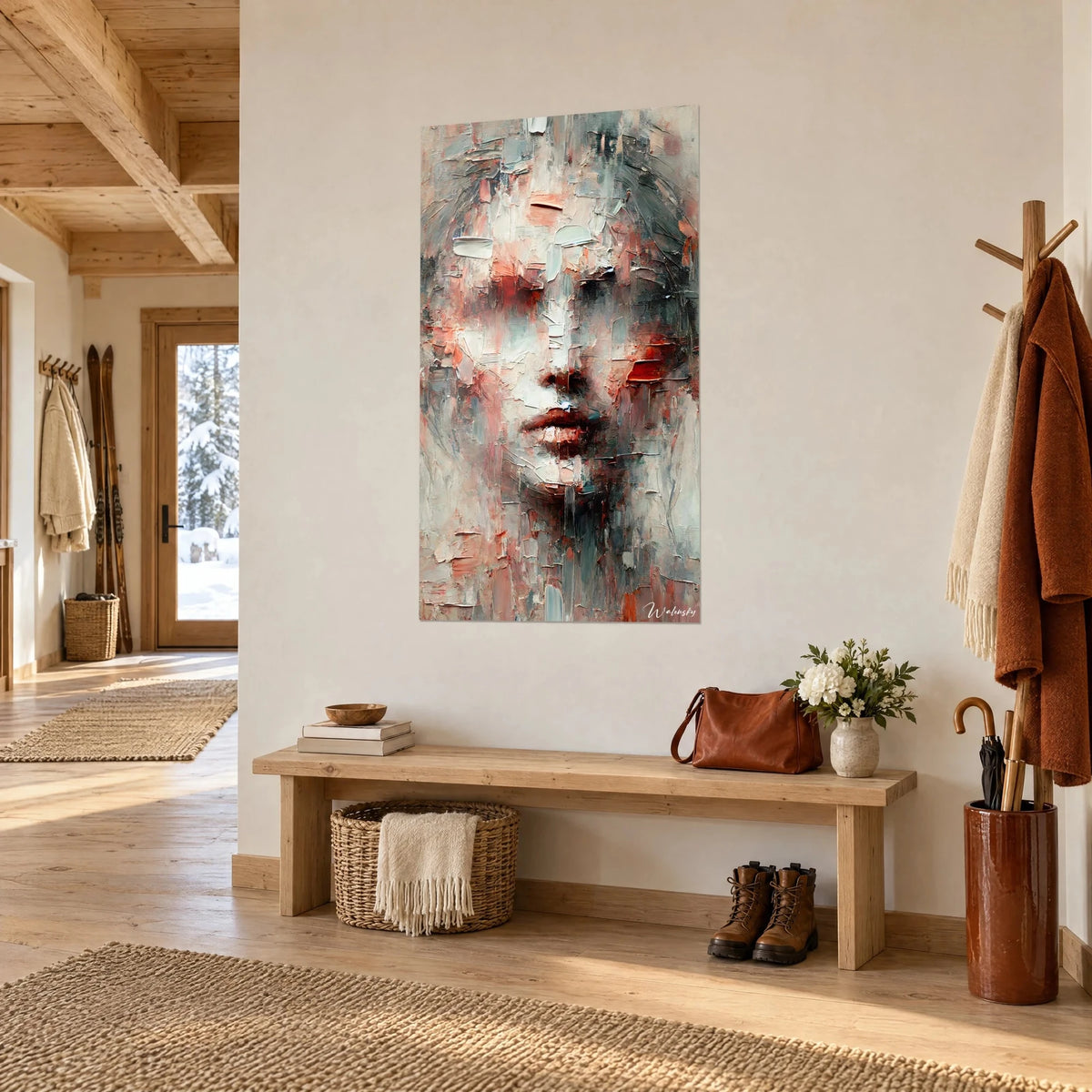 Schilderij vrouwelijk portret in dik impasto, koraalroze en crèmewit, driekwart gezien in de hal van een chalet