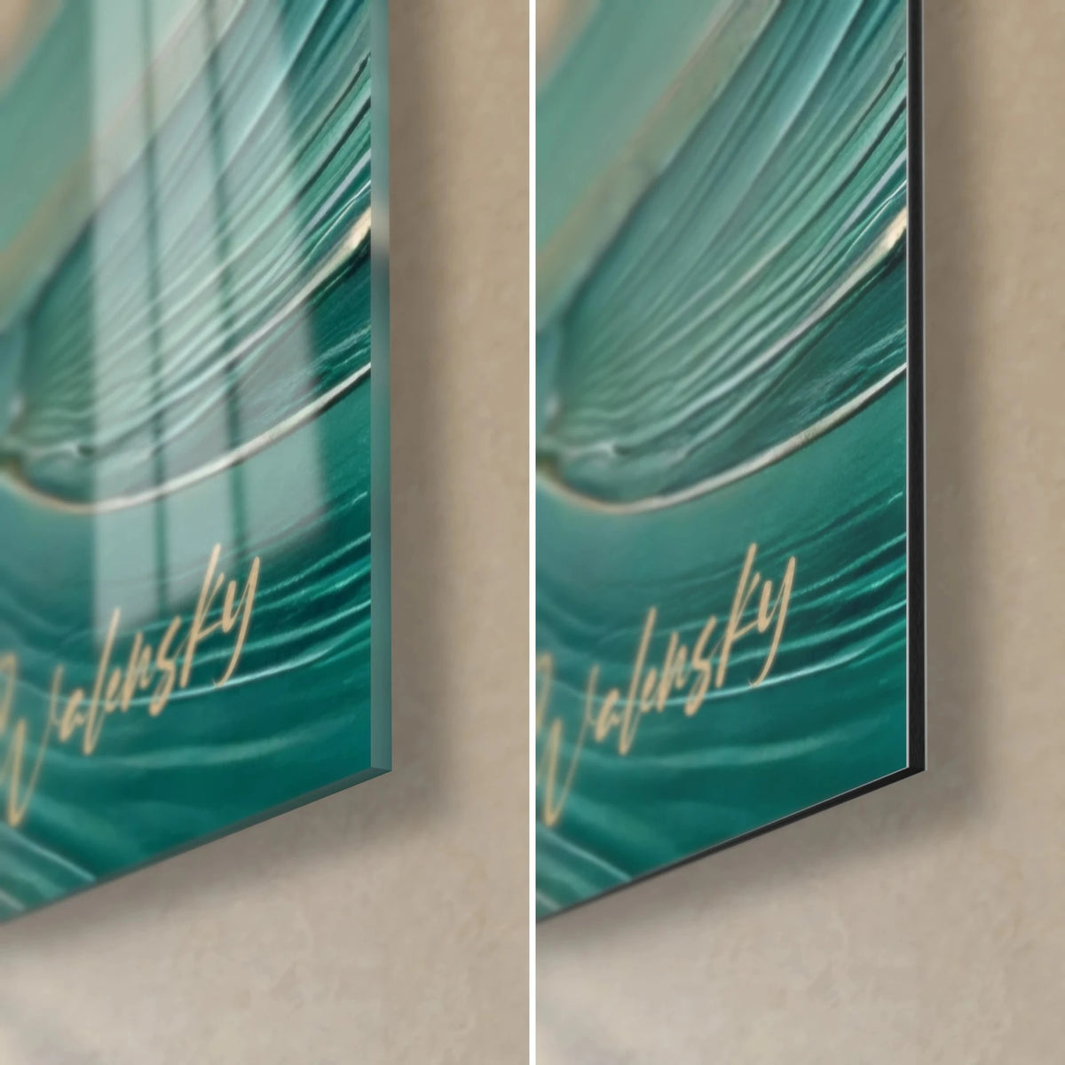 Tableau oiseau marin turquoise et or, coin bas droit, verre acrylique brillant à gauche, alu Dibond mat à droite, tranche 3 mm