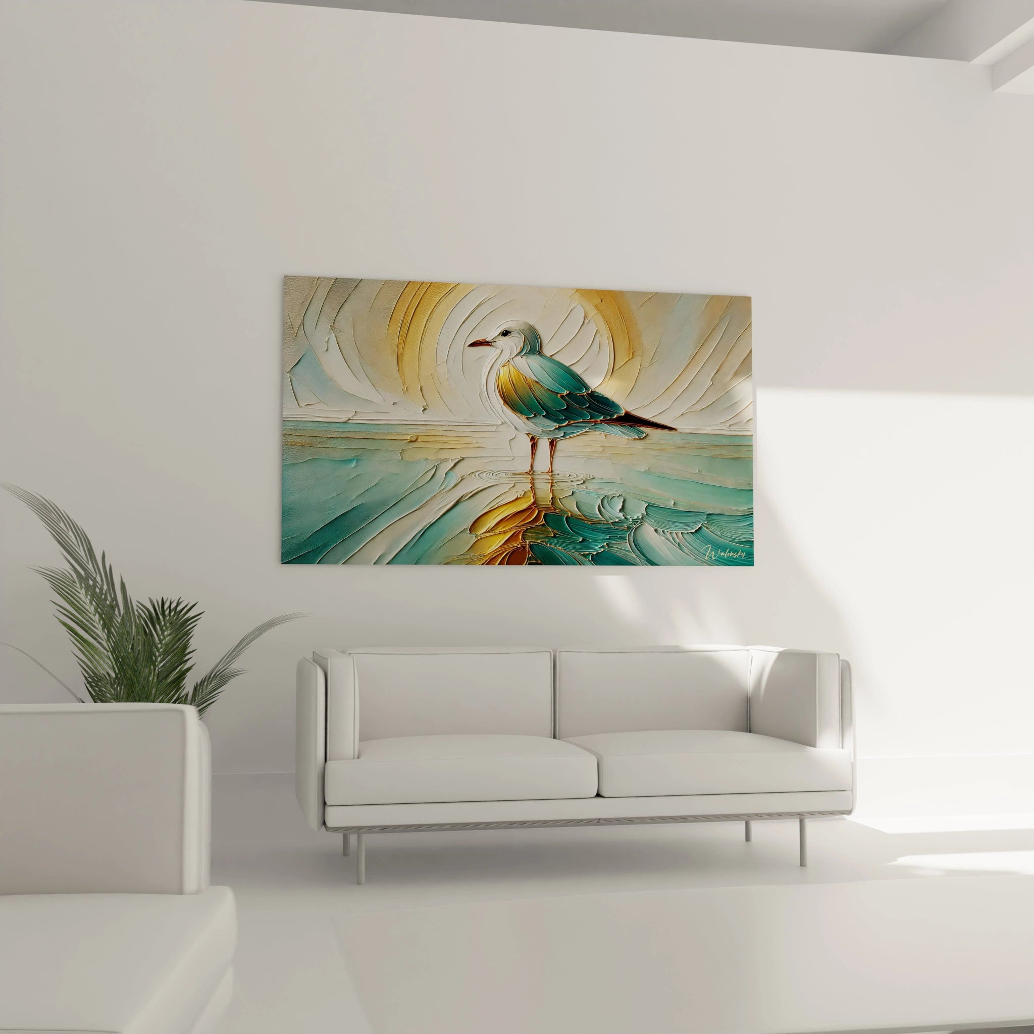 Ce tableau mouette au-dessus du canapé dans le salon apporte une sensation de liberte et de douceur. Le doré et le bleu se fondent pour une harmonie parfaite avec une decoration contemporaine.

