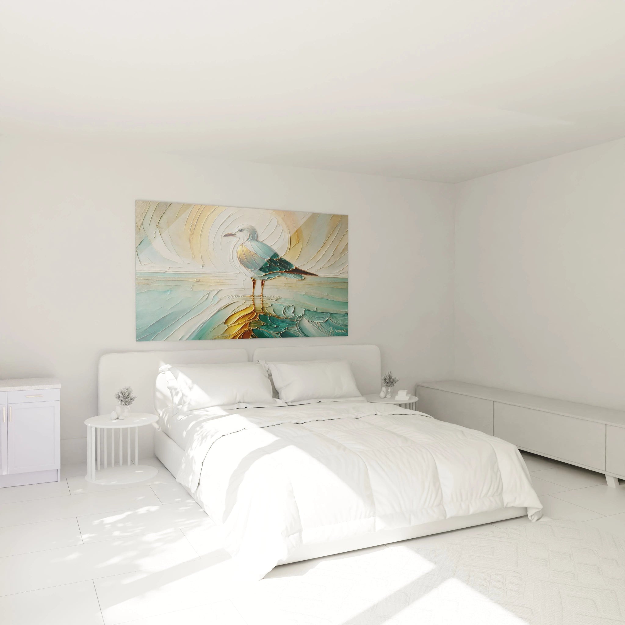 Accroché au-dessus du lit, ce tableau mouette ajoute une touche de calme à votre chambre. Les tons bleu et blanc creent une ambiance relaxante, rappelant la tranquillité des côtes maritimes.

