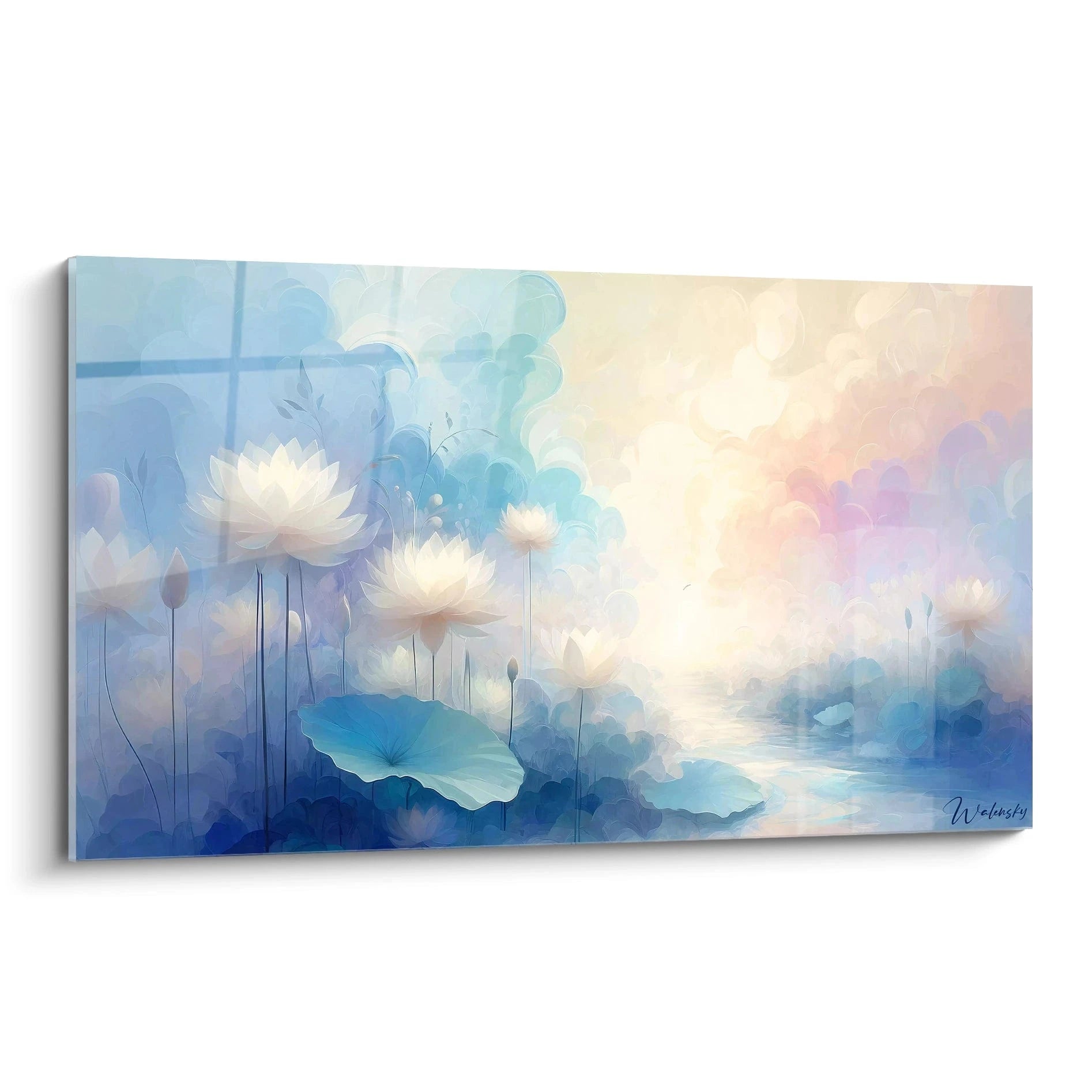 Un tableau abstrait de lotus blancs flottant sur des tiges fines, entourés de feuilles bleu-turquoise. L'arrière-plan présente un dégradé de bleu à blanc-rosé, avec une texture vaporeuse et des formes nuageuses aquarellées.
