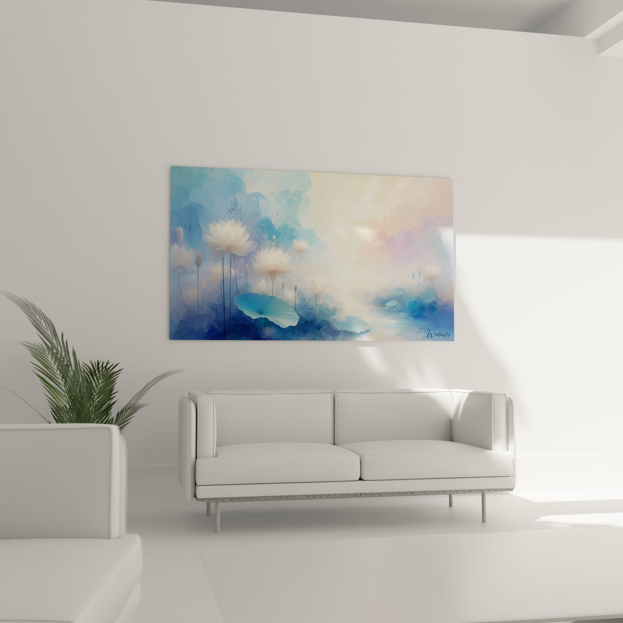 Un tableau abstrait aquatique montrant des lotus blancs à différentes hauteurs. Dominé par des nuances de bleu et turquoise, avec des transitions douces vers des teintes chaudes. Brushstrokes fluides et transparents superposés.
