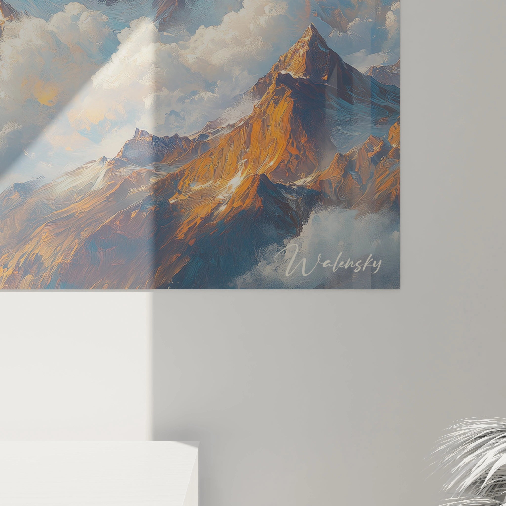 Un tableau montagne inspiré du style romantique montrant des pics vertigineux émergeant d'un océan de nuages blancs, avec des contrastes saisissants entre les zones d'ombre et de lumière, des textures variées sur les flancs rocheux et une dominante bleue apaisante.
