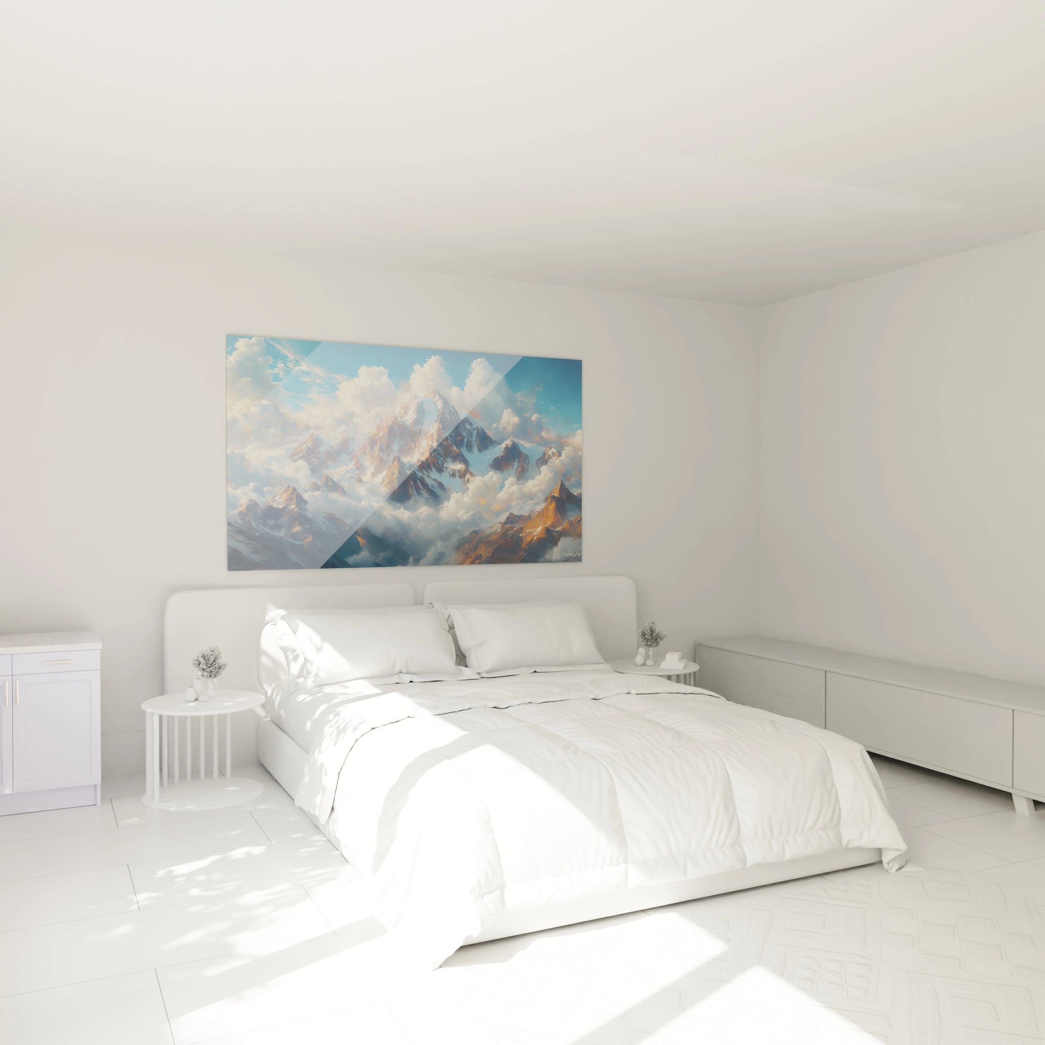 Un tableau montagne majestueux présentant une chaîne de pics alpins baignés dans une lumière dorée, entourés de nuages vaporeux blancs se détachant sur un ciel bleu profond, avec des textures variées entre les surfaces rocheuses et les zones neigeuses.
