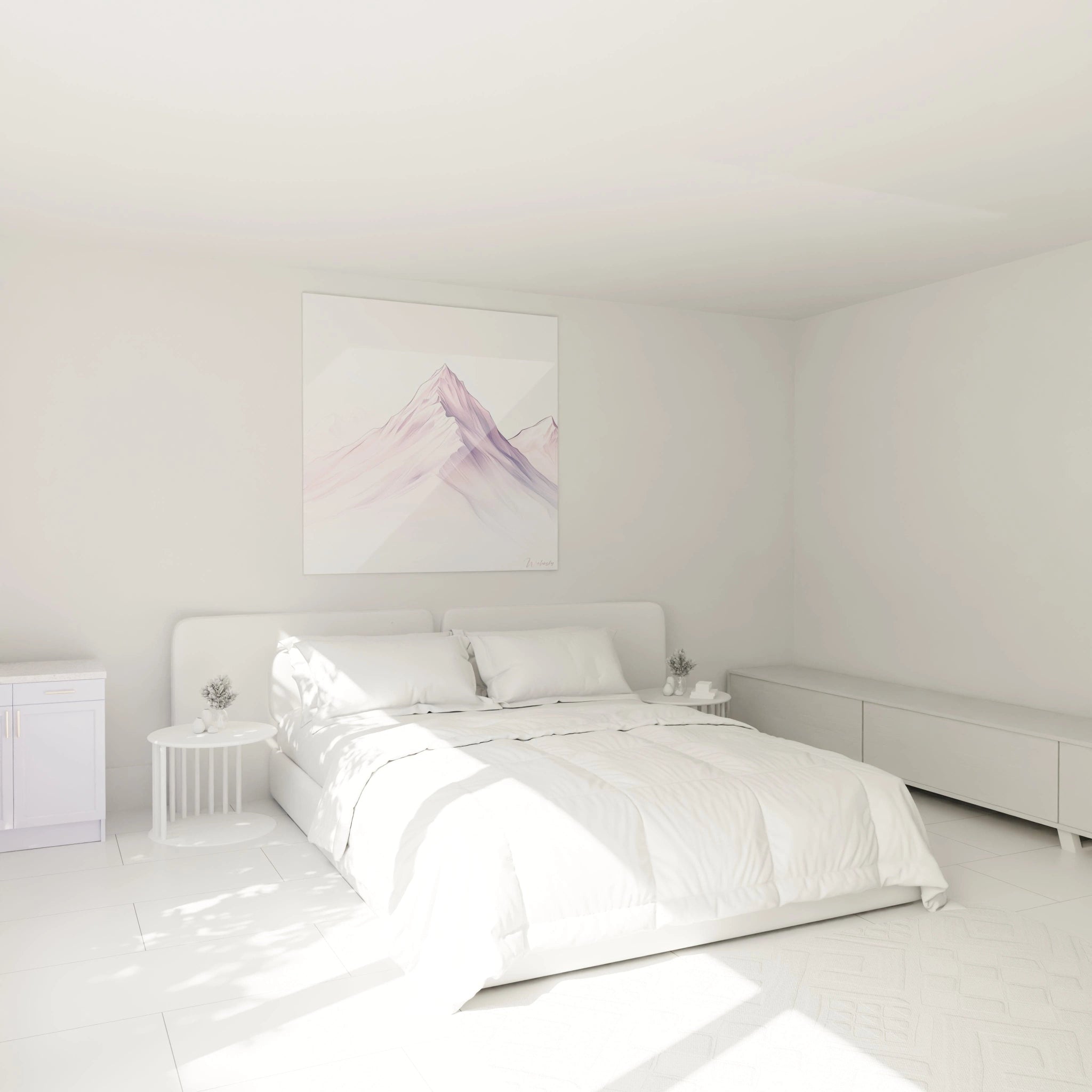 Un tableau montagne minimaliste figurant des sommets enneigés en teintes pastel. Le dégradé de rose et violet crée une atmosphère éthérée, tandis que les lignes fines dessinent un relief qui semble flotter dans un espace immaculé.
