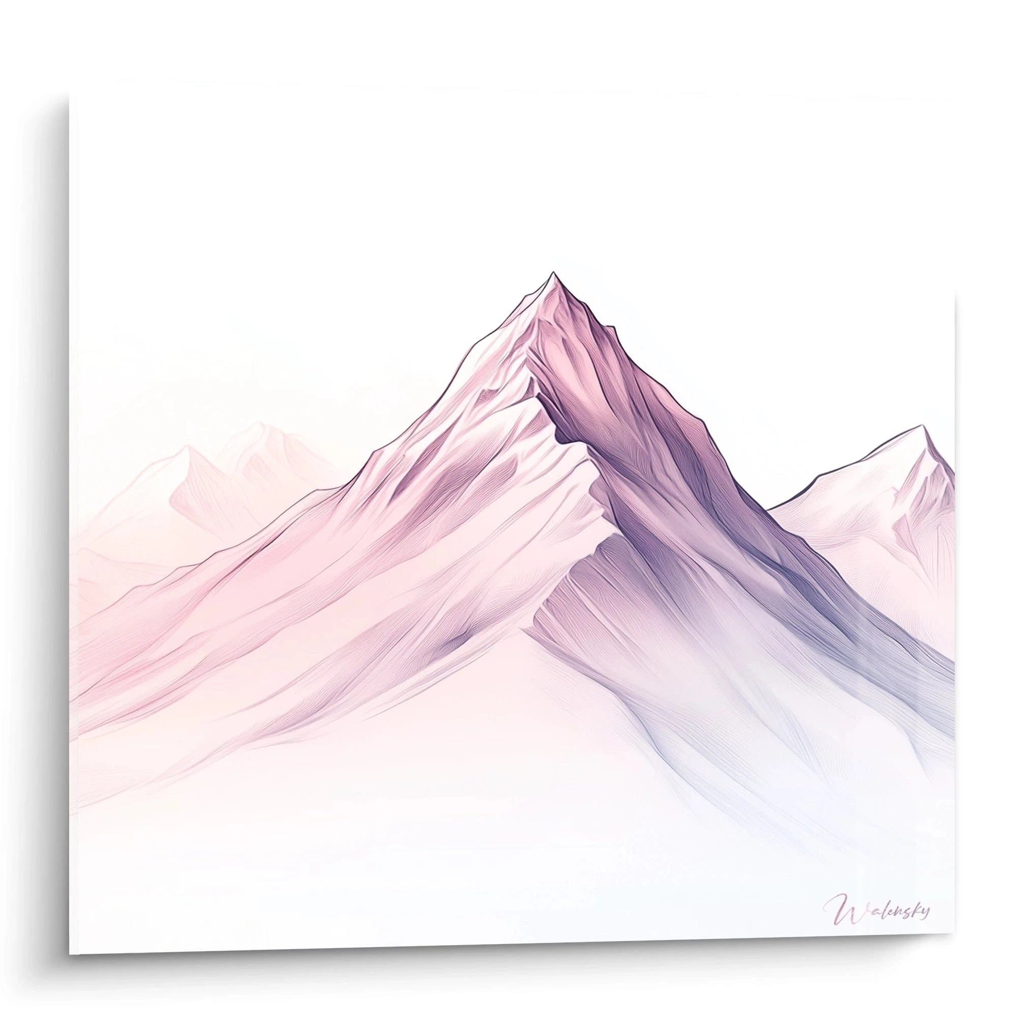 Un tableau montagne aux lignes épurées, représentant un massif majestueux en dégradés de rose et violet sur fond blanc. Les textures fluides et les contours délicats créent une impression de légèreté et de mouvement ascendant.
