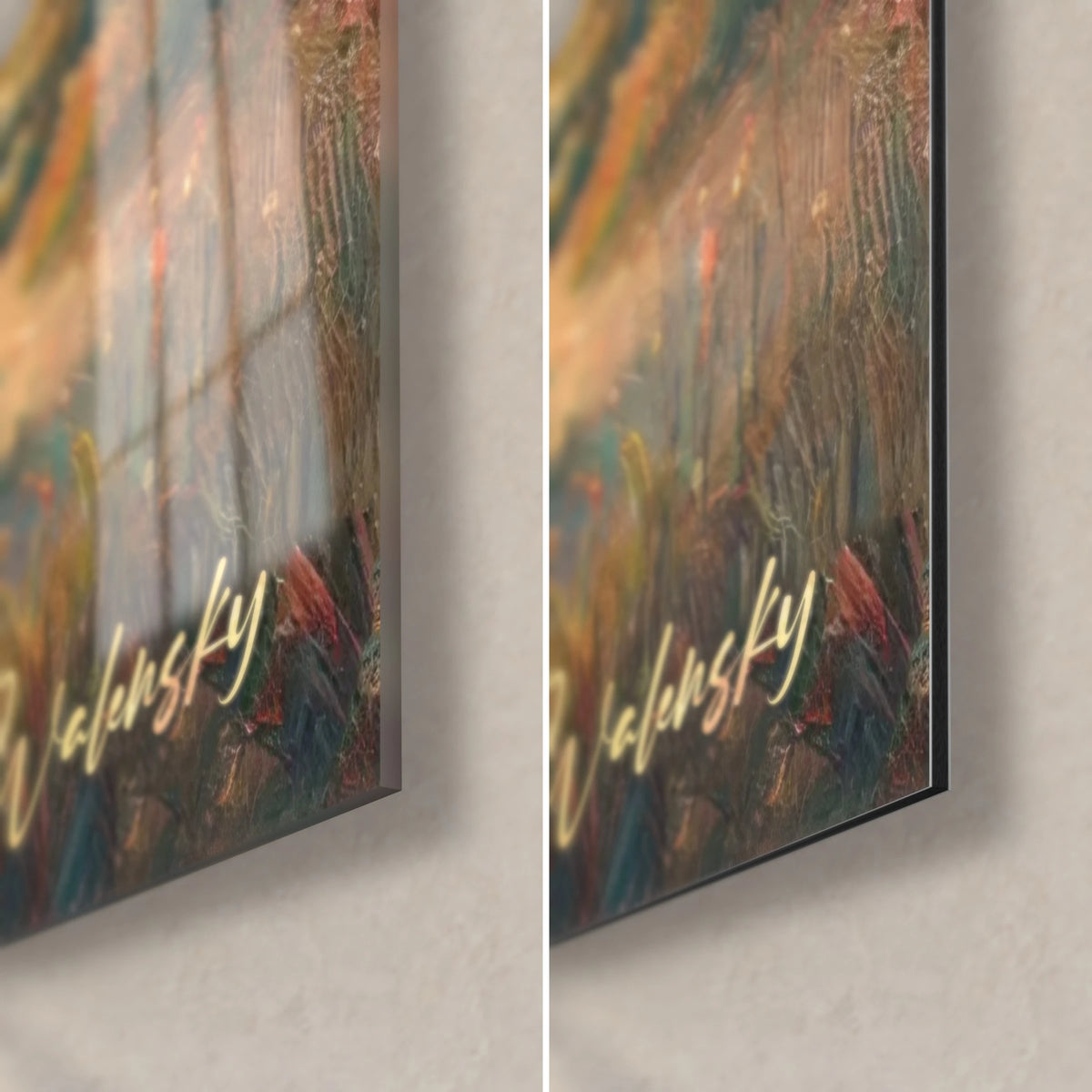 Wall art lighthouse on the ocean shore, bottom right corner: glossy acrylic glass on the left, matte Dibond on the right, ochre and red grasses