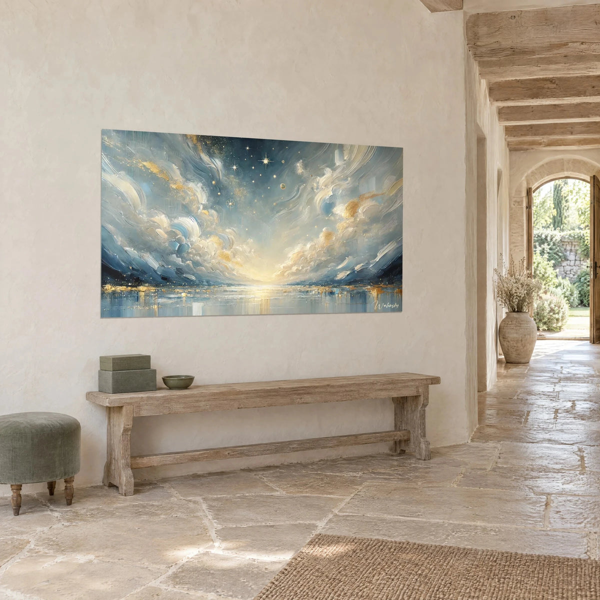 Wall art dawn over a lake of light, cream and periwinkle clouds, golden glitter, stone wall and wooden bench
