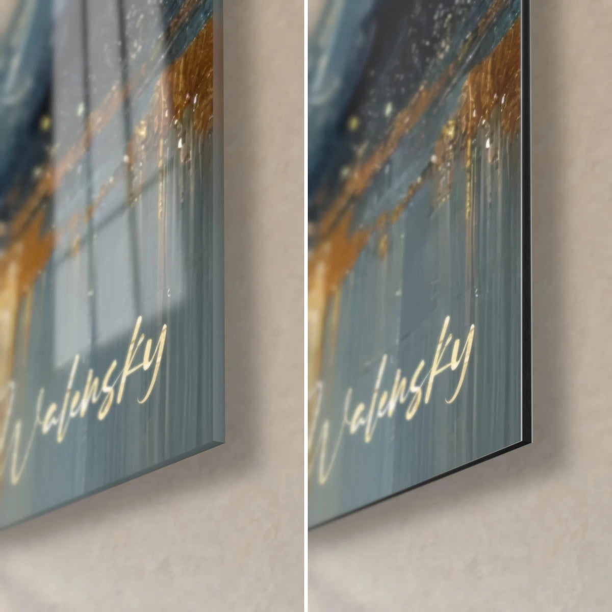 Wall art celestial vault painted with a palette knife, bottom right corner in glossy glass and matte Dibond aluminium, 3 mm edge, blue and gold