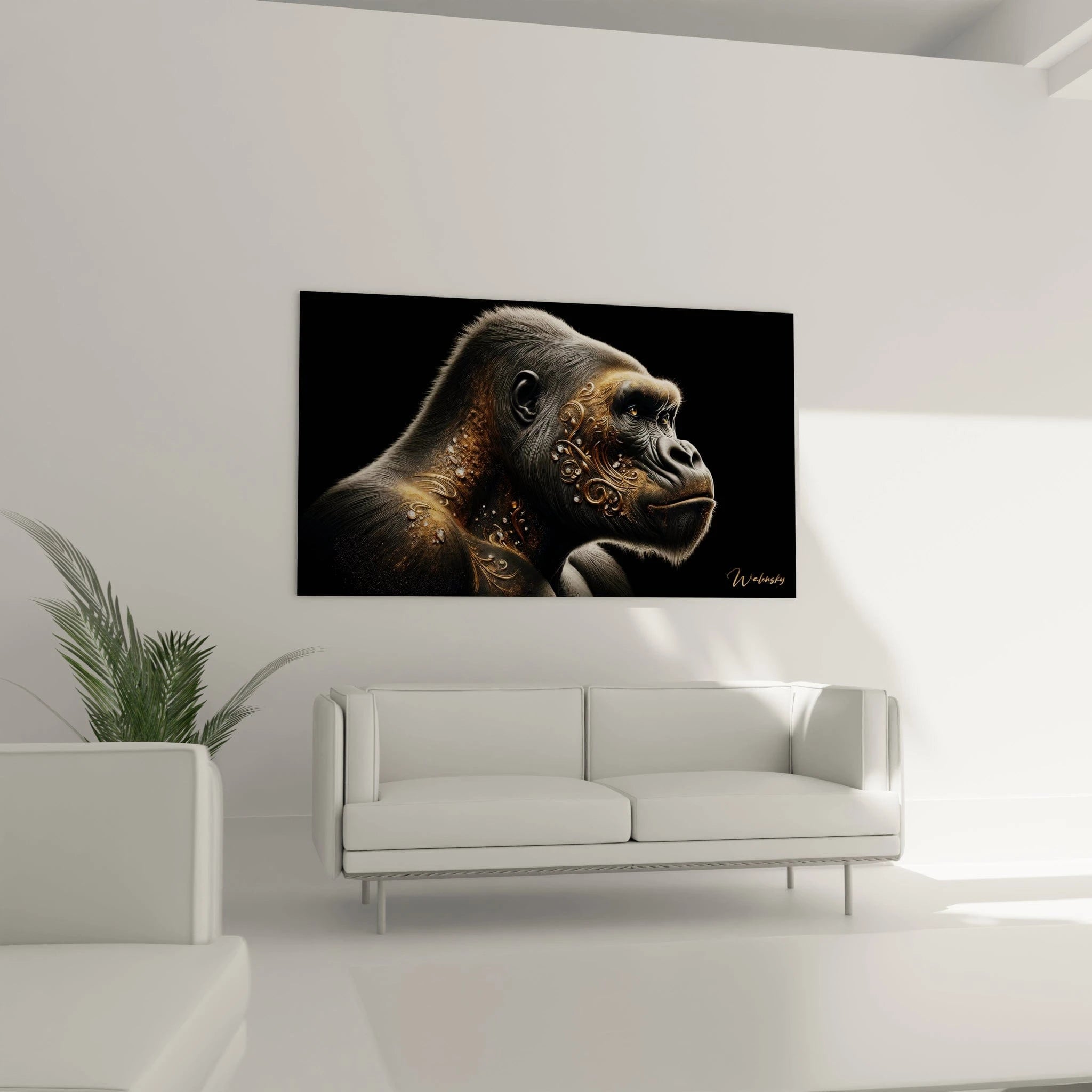 Un tableau d'animal montrant un gorille au pelage noir et gris dont la silhouette est partiellement décorée de motifs dorés et de gemmes brillantes. Les textures de fourrure détaillées s'harmonisent avec les éléments ornementaux métalliques sur fond obscur.
