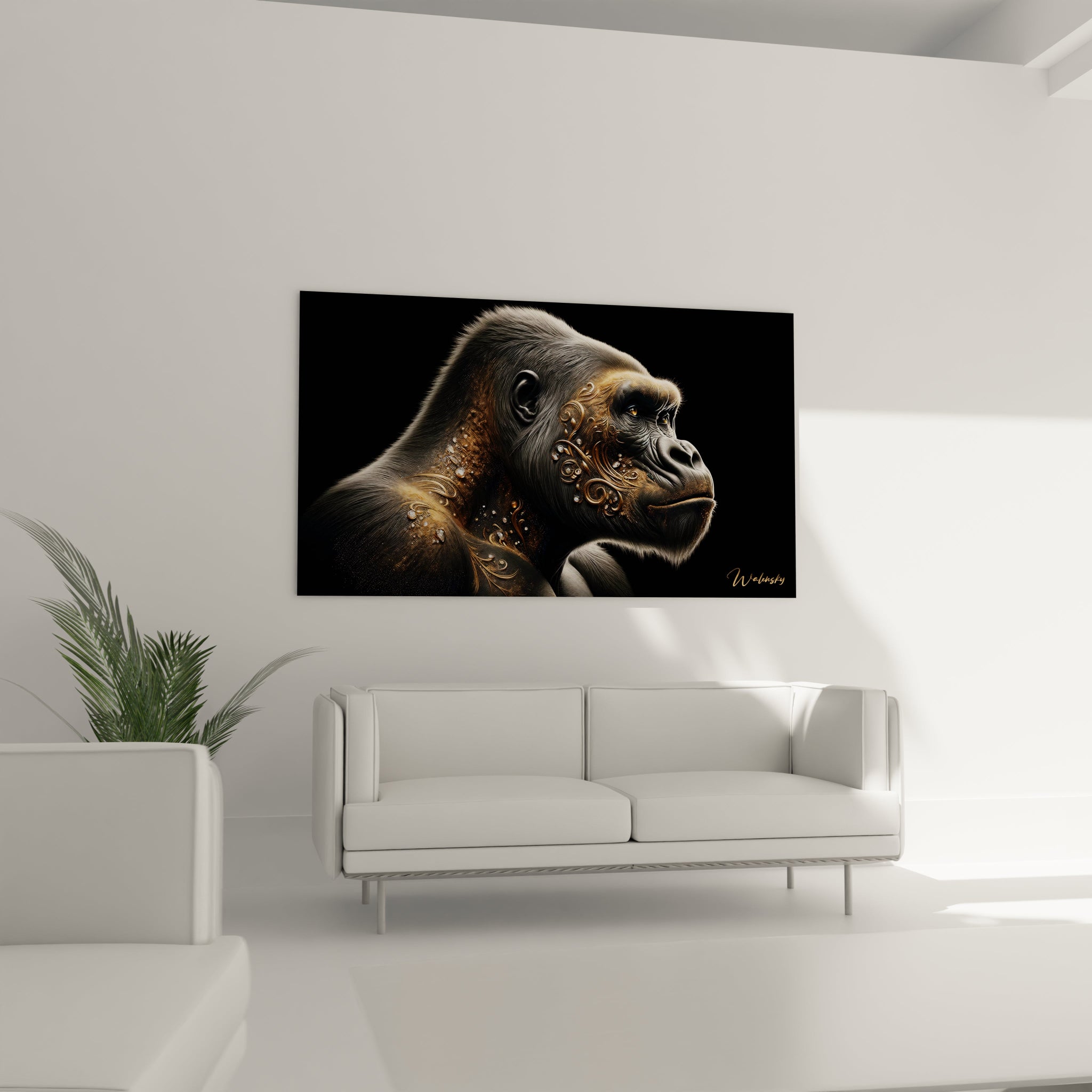 Un tableau d'animal montrant un gorille au pelage noir et gris dont la silhouette est partiellement décorée de motifs dorés et de gemmes brillantes. Les textures de fourrure détaillées s'harmonisent avec les éléments ornementaux métalliques sur fond obscur.

