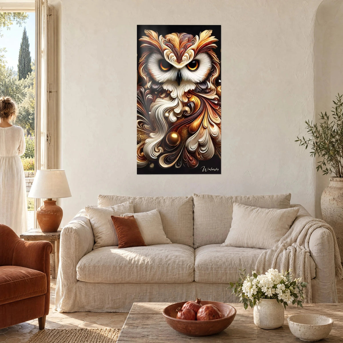 Gemälde Eulenmotiv elfenbein mit bernsteinfarbenen Augen, Federn in Kupfer und Schokolade, eine Frau von hinten über einem Sofa in einem hellen Wohnzimmer