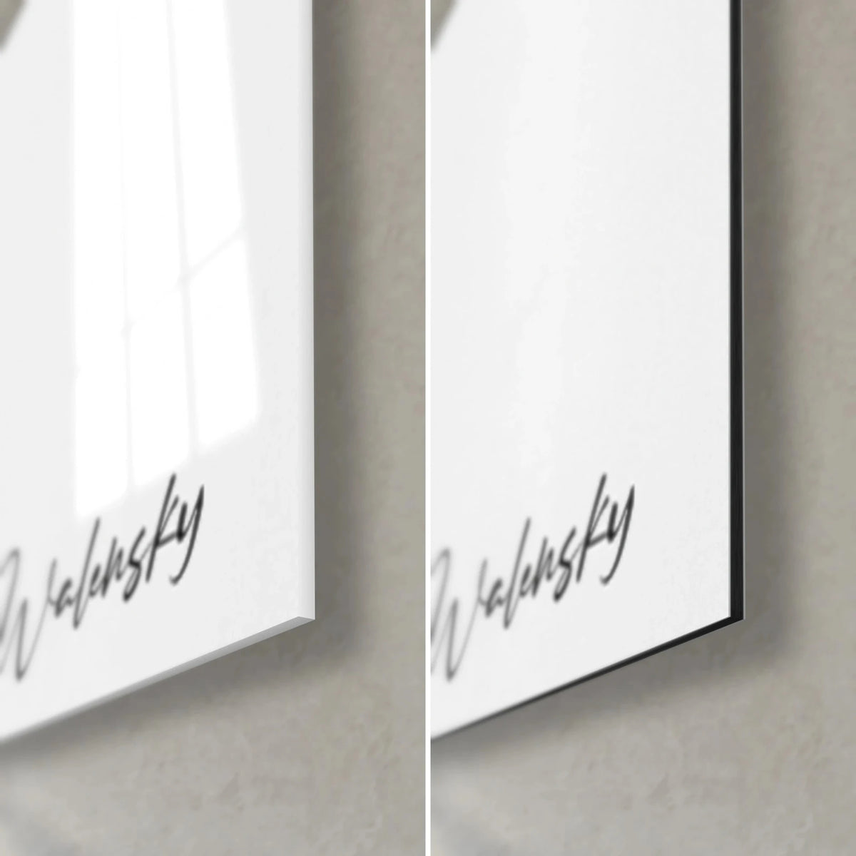 Gemälde gestreifte weibliche Silhouette, untere rechte Ecke: glänzendes Acrylglas links, matt schwarzes Dibond-Aluminium rechts, 3 mm Kante