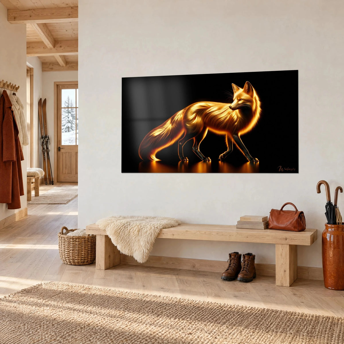 Wall art amber fox walking, bushy golden tail on black background, hung above a wooden bench in the entryway