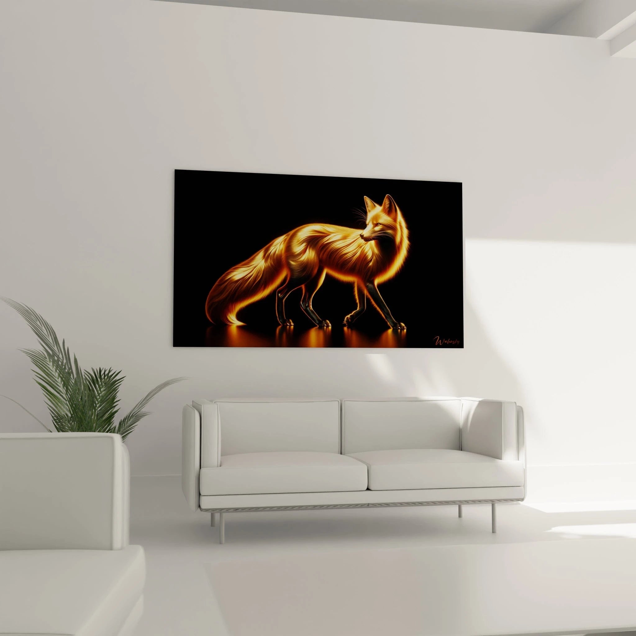Un tableau d'animal figurant un renard roux dont le pelage luminescent adopte des reflets dorés métalliques. La silhouette entière de l'animal se détache sur un fond noir, avec une queue touffue et des pattes sombres. La texture du pelage évoque un métal précieux en mouvement.
