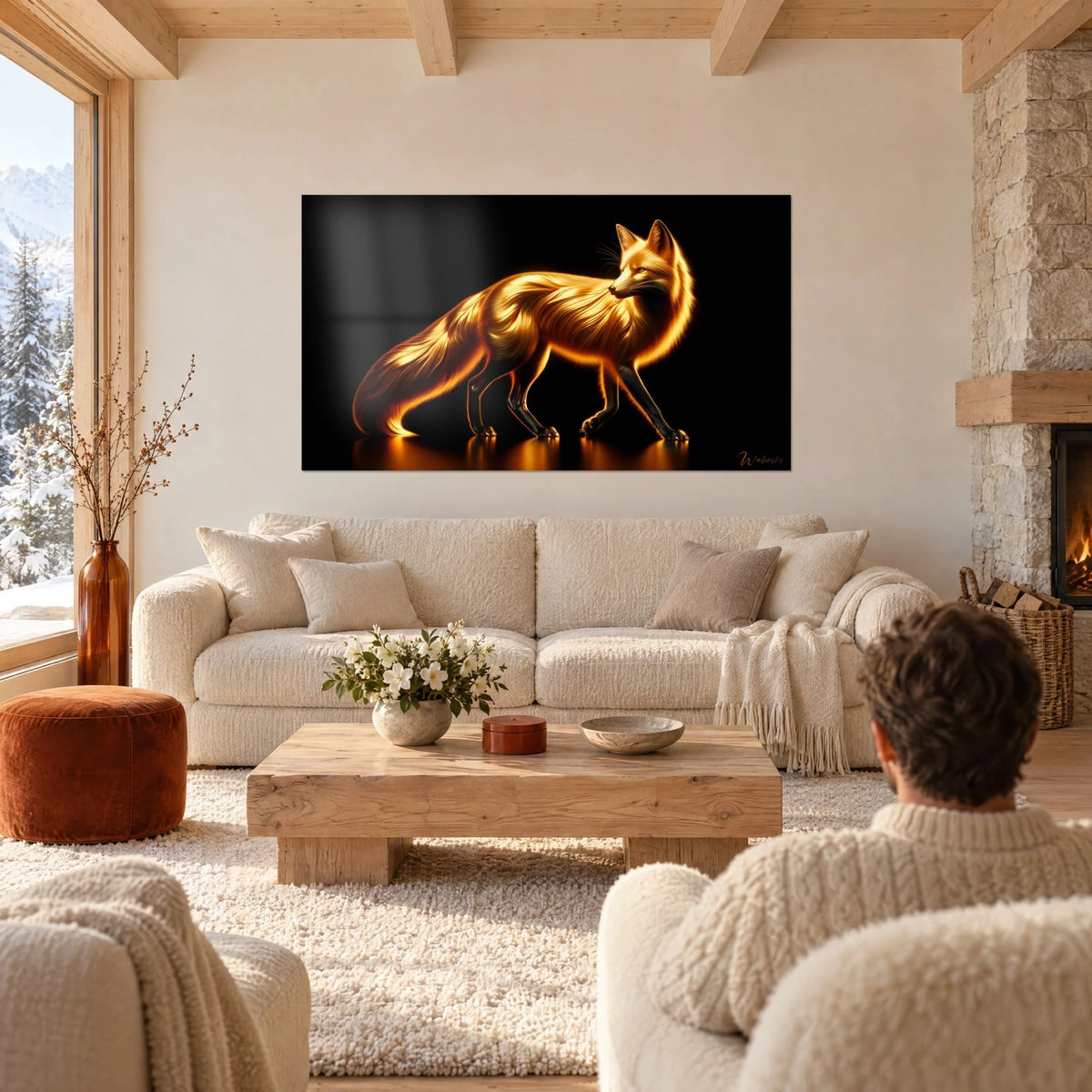 Wall art blazing fox with golden and orange highlights on black background, hanging above a sofa in a bright living room
