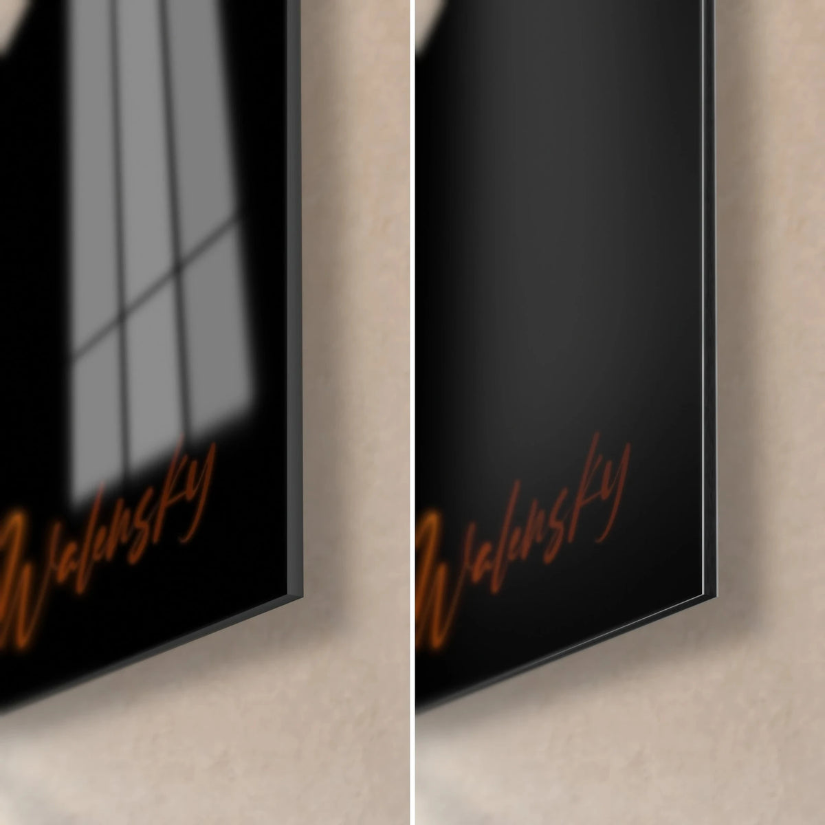 Wall art golden and black fox, bottom right corner: orange Walensky signature, glossy glass on the left, matte Dibond on the right