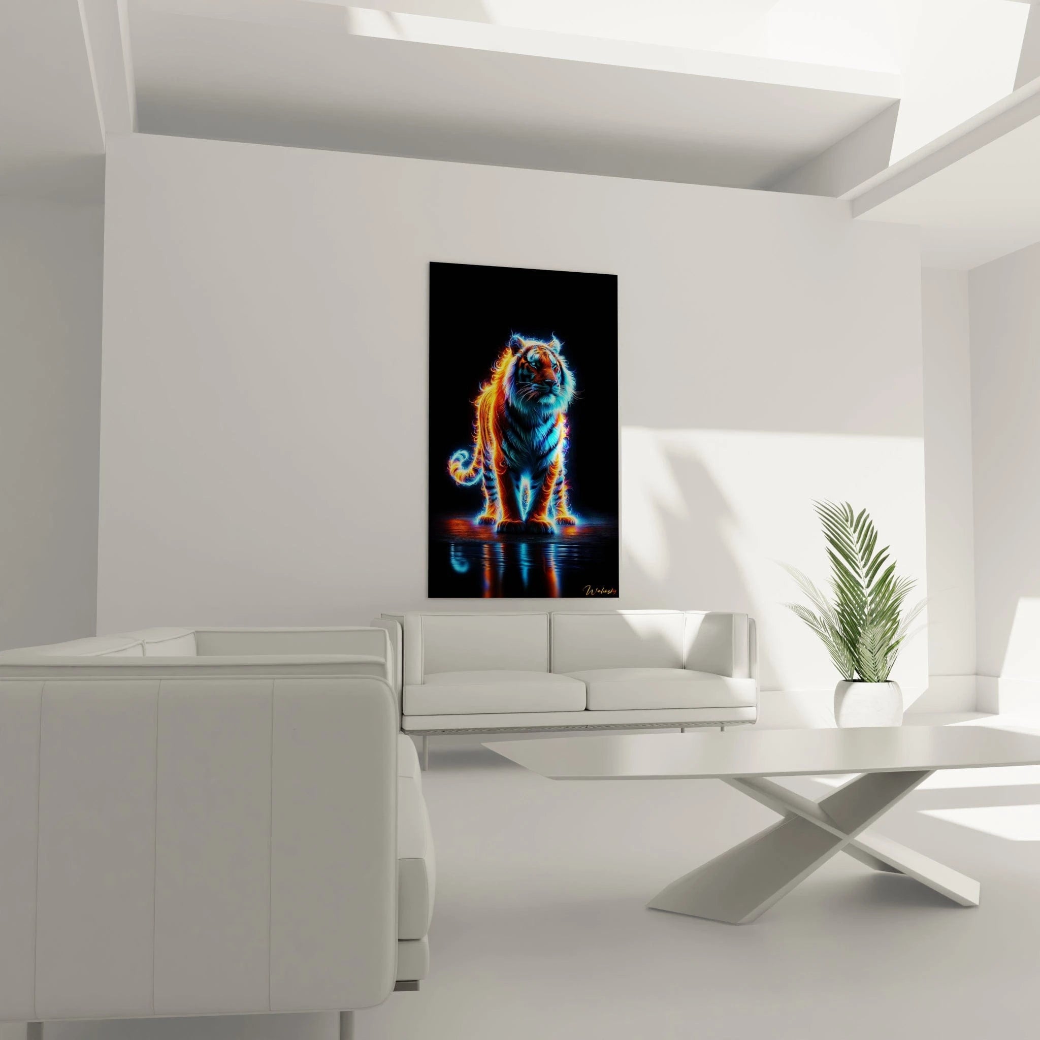 Un tableau d'animal représentant un tigre entier dont le pelage émet une lumière aux teintes contrastées de bleu turquoise et orange vif. Les textures filamenteuses créent un effet incandescent. La silhouette féline se reflète partiellement sur le sol sombre.
