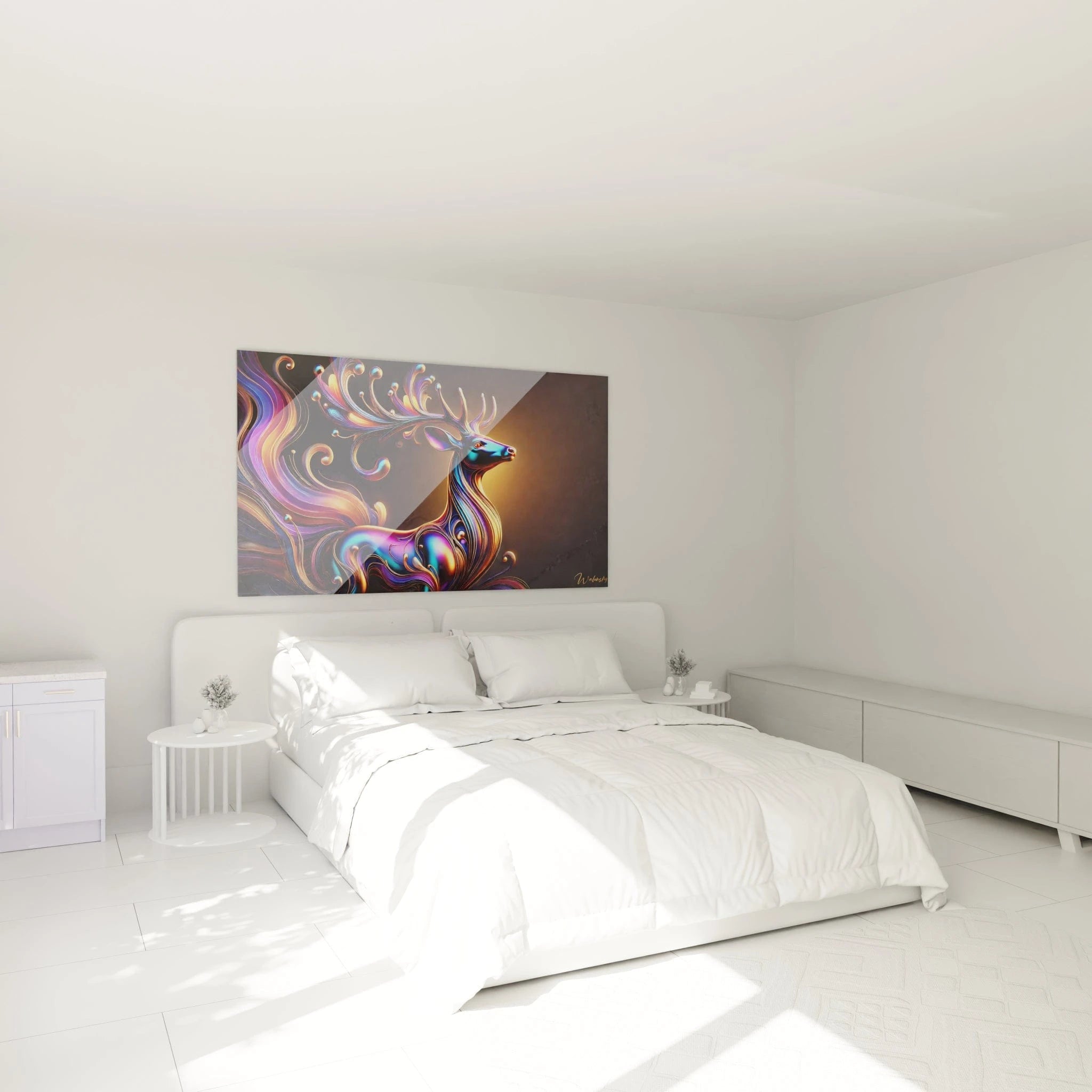tableau cerf accroché au mur dans une chambre apaisante au-dessus du lit alliant douceur des lignes et éclat des couleurs

