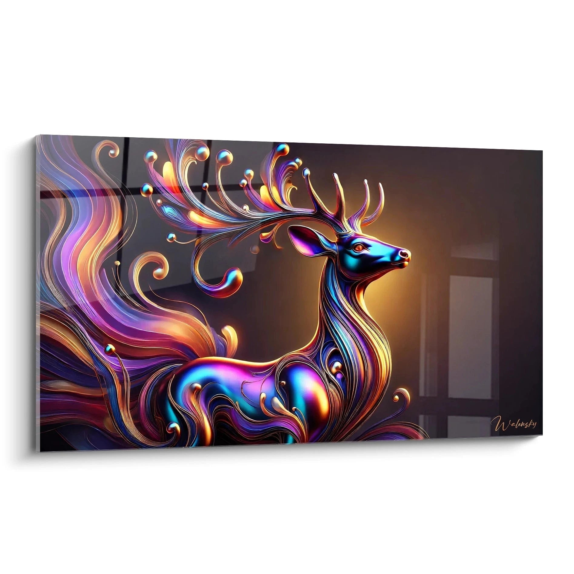 tableau cerf vu de biais avec ses bois dorés illuminés des nuances de violet et orange sur fond onirique et féerique

