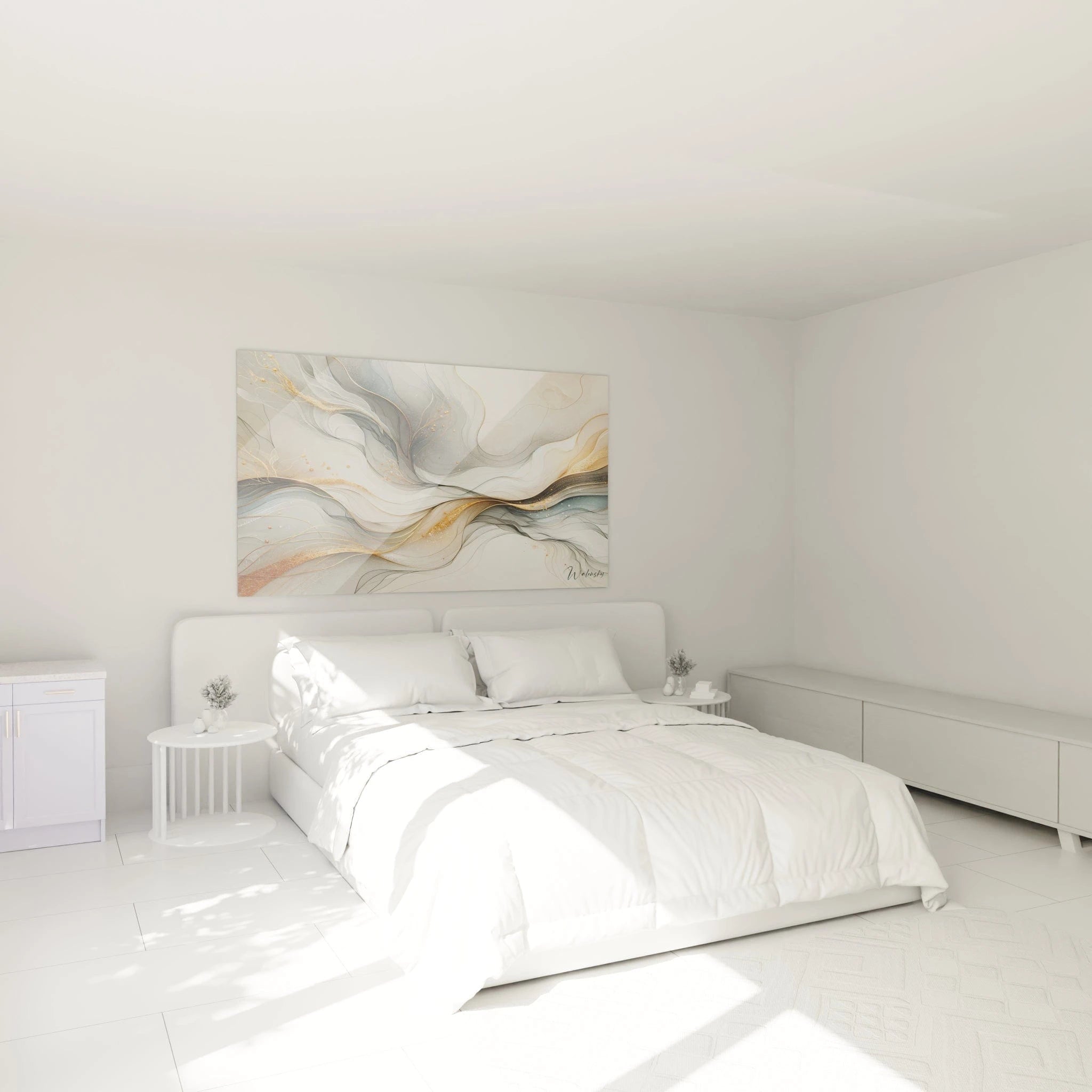 Tableau abstrait présentant un motif de flux sinueux en nuances de blanc, gris et noir. Détails dorés brillants ponctuant la surface. Technique de couches translucides créant une profondeur visuelle avec lignes délicates formant des courbes harmonieuses.
