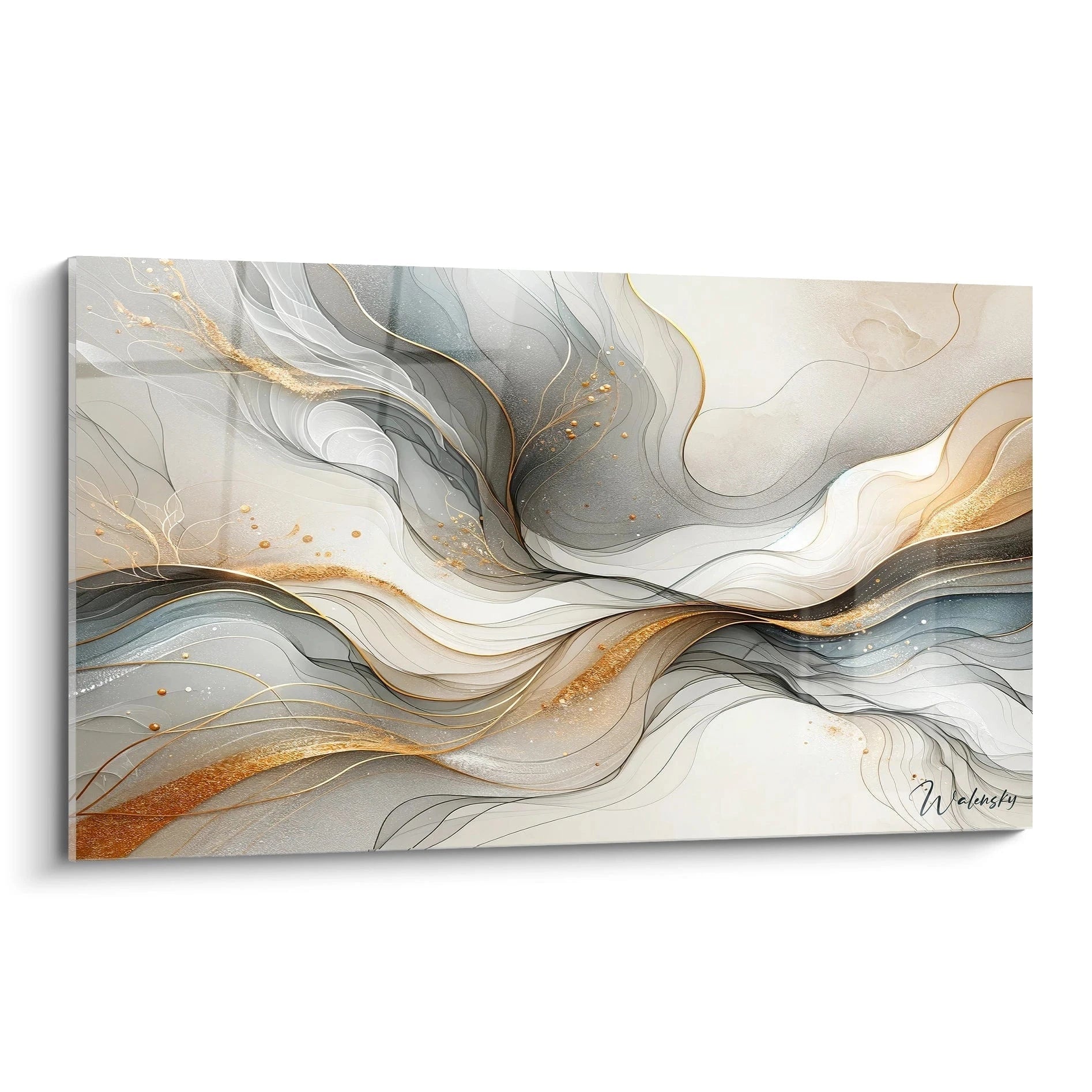 Tableau abstrait aux formes ondulantes composé de vagues fluides en tons de gris, blanc et beige. Accents dorés parsemés comme des éclaboussures à travers la composition. Textures superposées créant une impression de mouvement avec lignes fines et transparentes entrecroisées.
