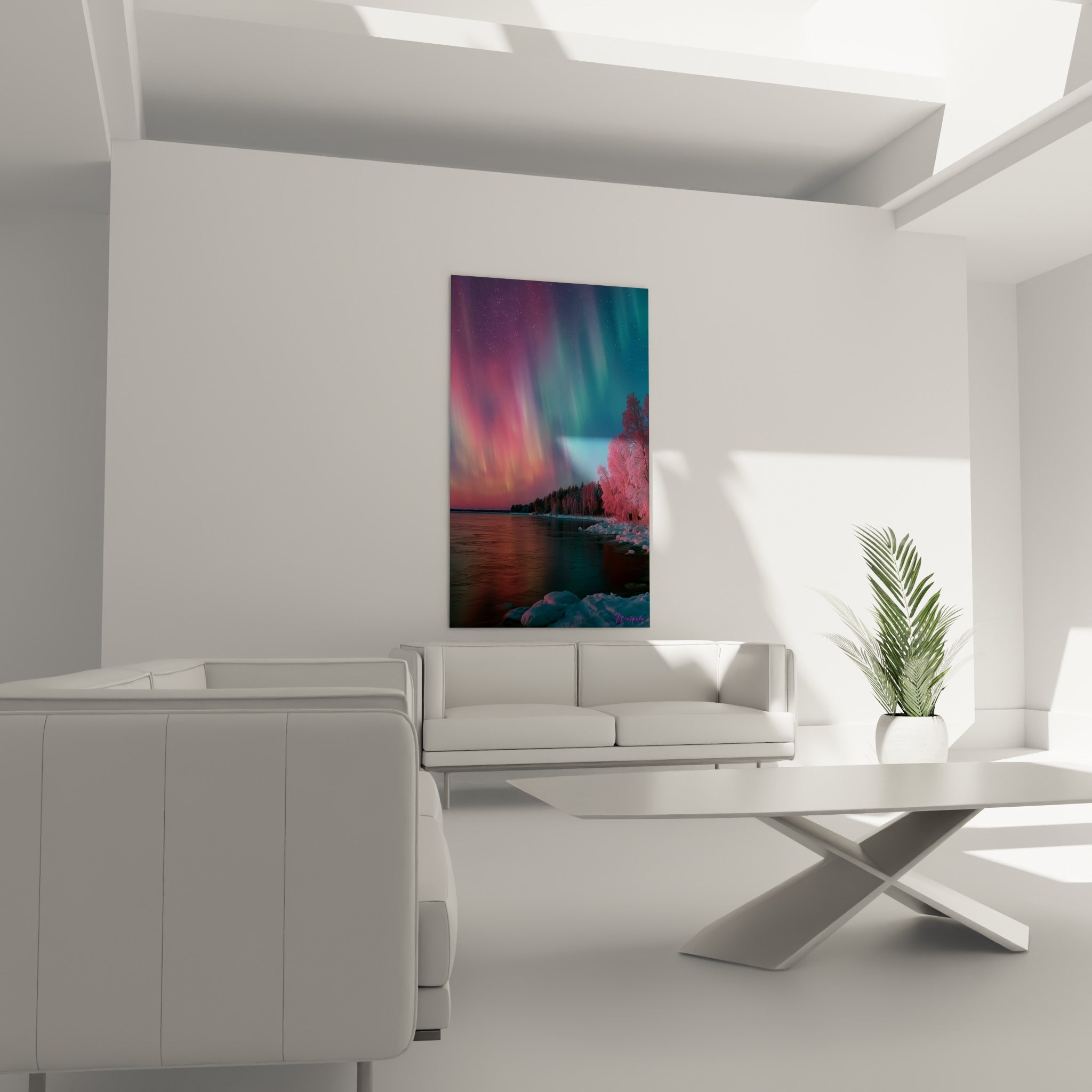 Ciel étoilé traversé de lumières corail et turquoise, tableau Aurore boréal au-dessus d'un canapé dans un salon lumineux