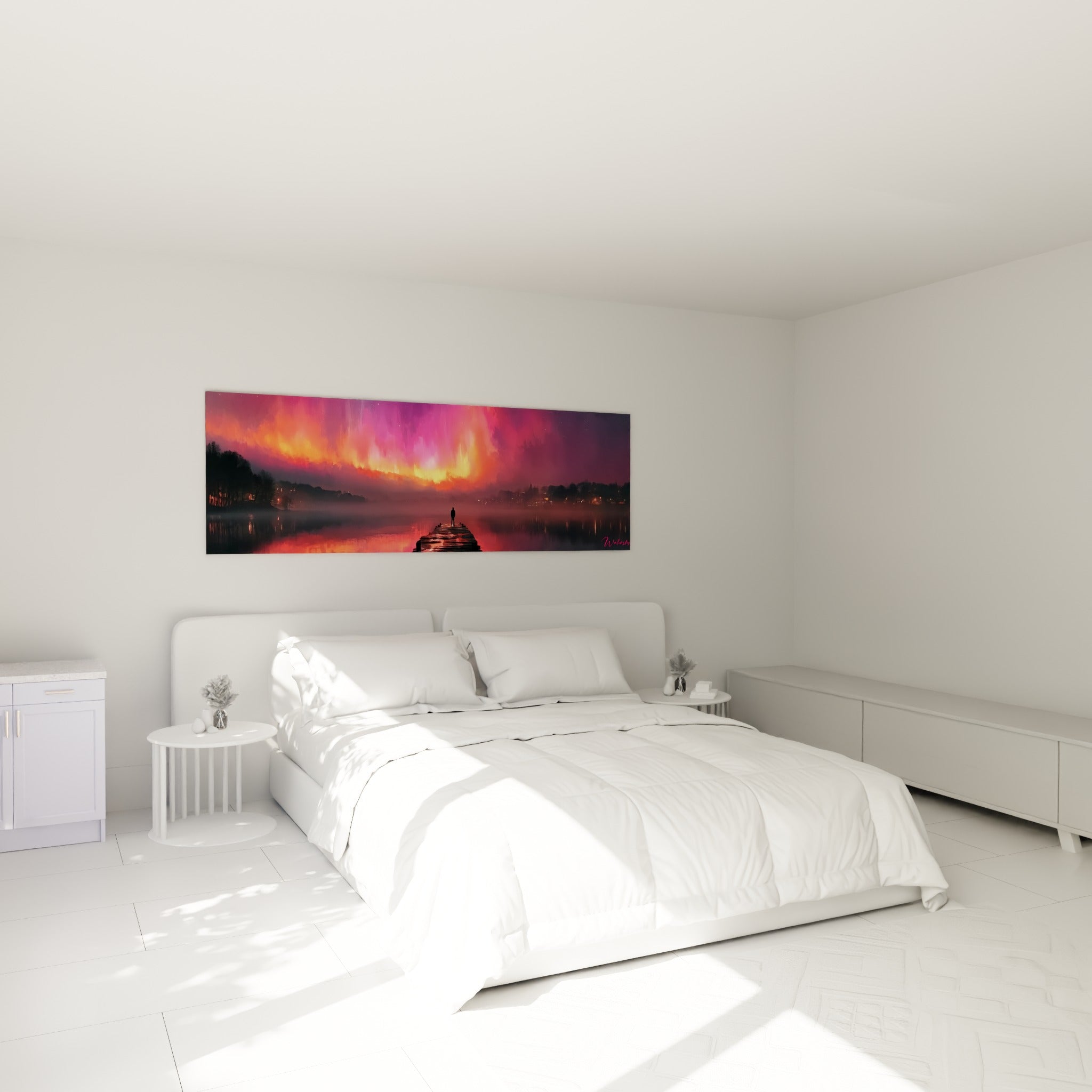 Silhouette solitaire et ciel violet embrasé, tableau Aurore boréal au-dessus d'un lit dans une chambre claire