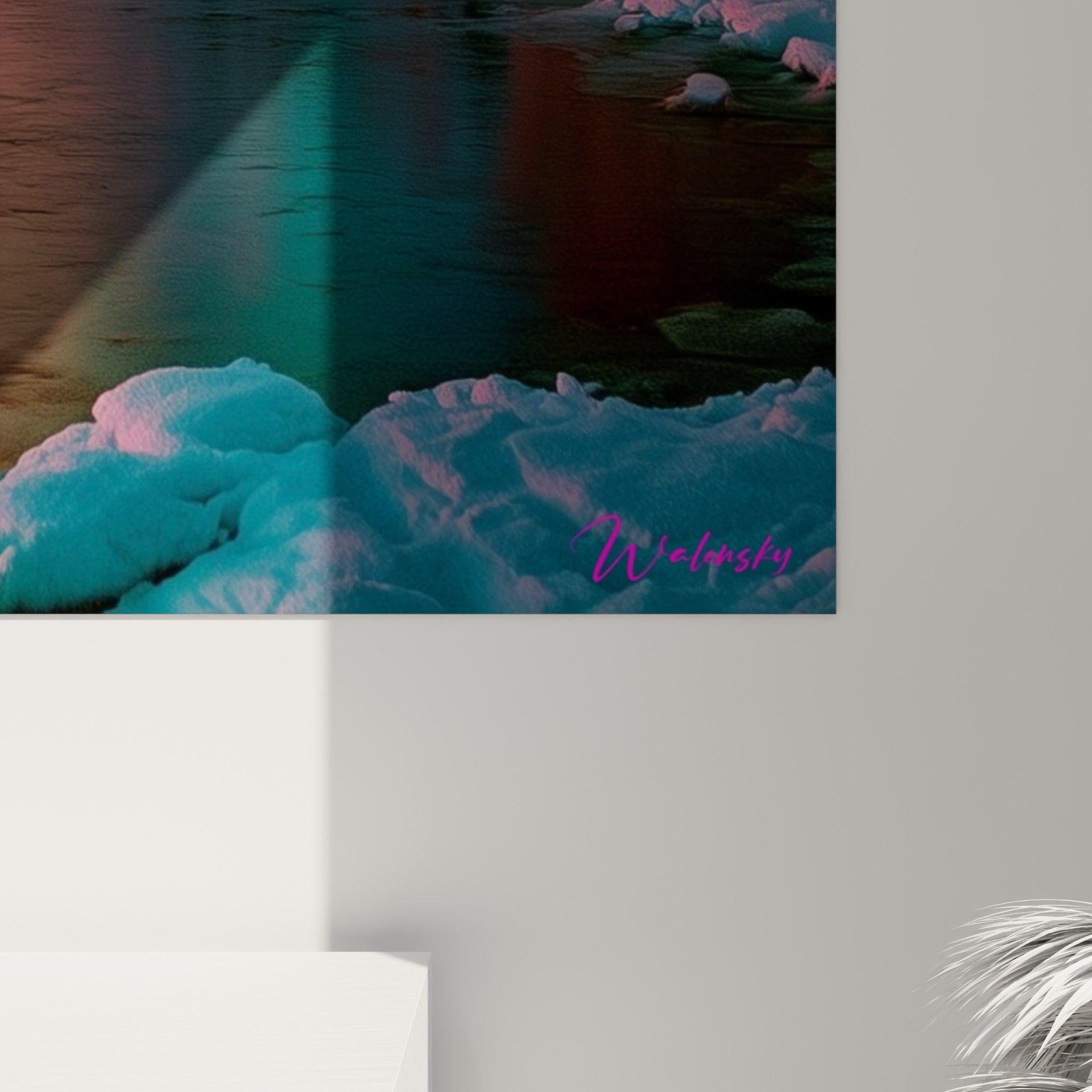 Grain de l'impression révélant les dégradés fins entre rose incandescent et bleu profond de l'aurore boréale