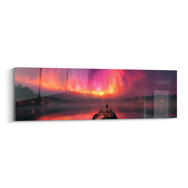 Tableau Ponton rouge et magenta sous brasier céleste - Rives brumeuses au loin - Edition Aurore boréal
