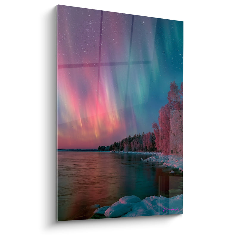 Tableau Aurore polaire rose et turquoise sur lac gelé - Veille sous les astres - Edition Aurore boréal