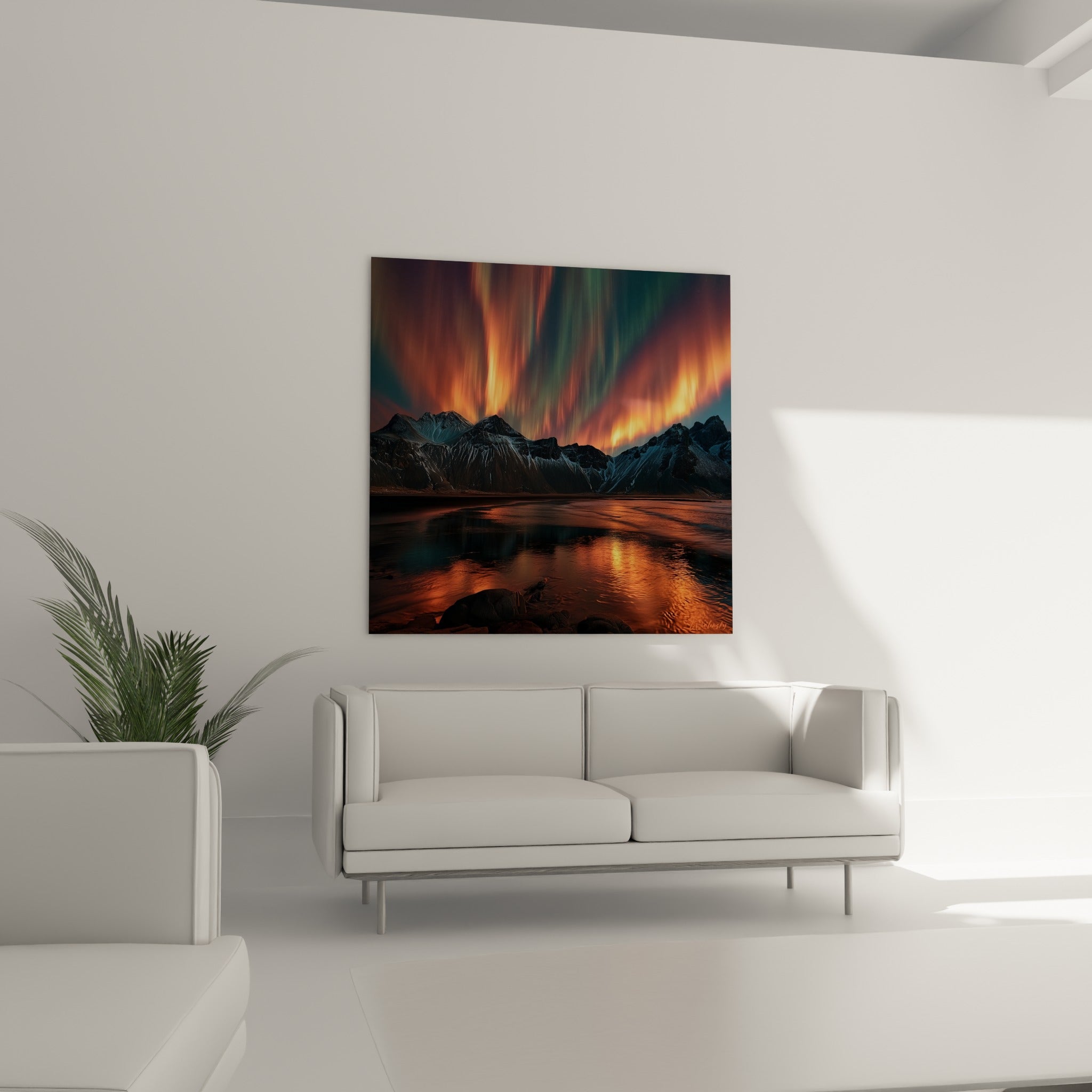 Reflets orangés et sommets anthracite de l'Aurore boréal au-dessus d'un canapé dans un salon lumineux
