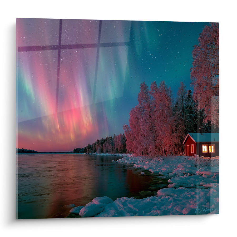 Gemälde Rotes Häuschen unter rosa und grünem Himmel - Polarlager - Edition Polarlicht
