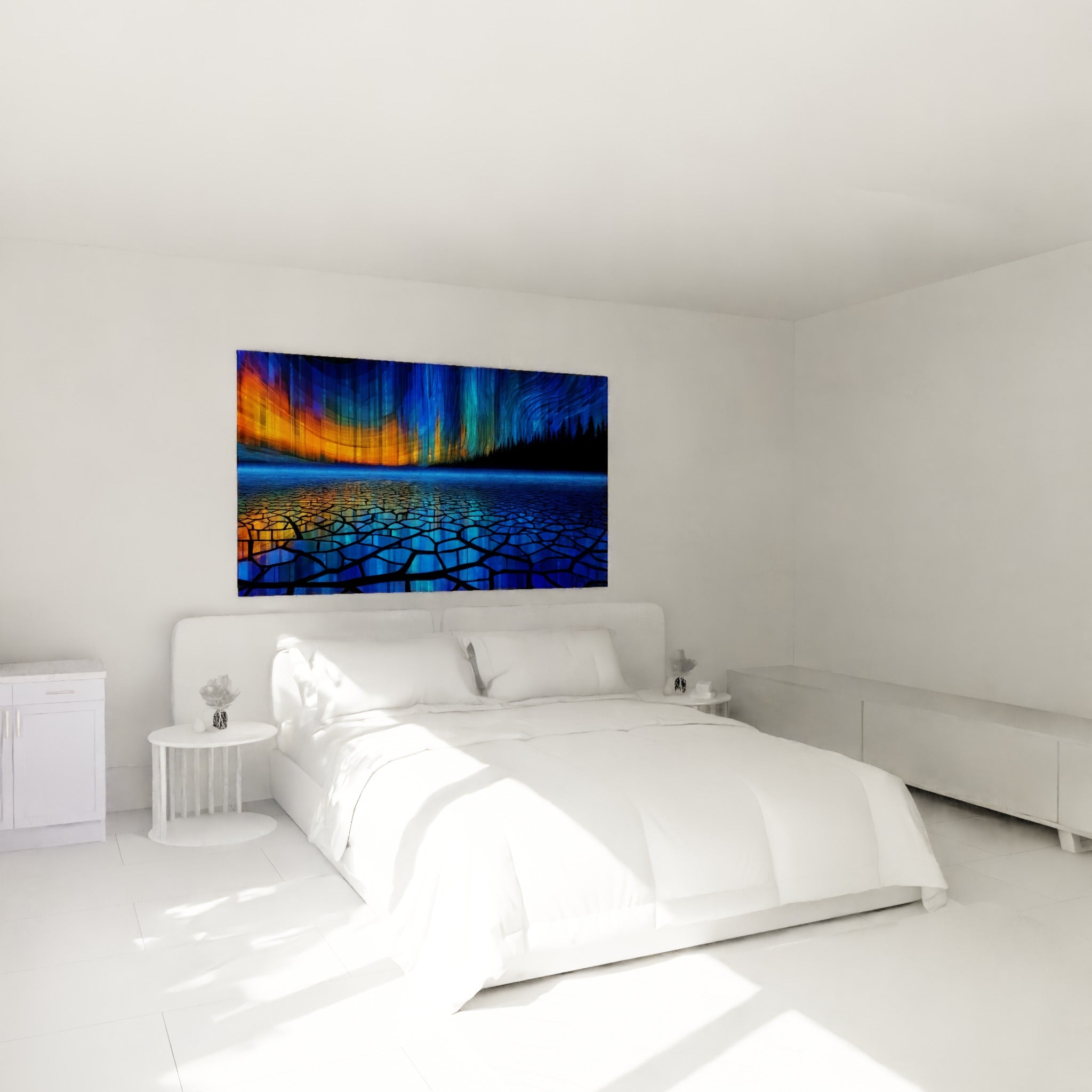 Ciel polaire bleu et orangé fracturé, œuvre accrochée au-dessus d'un lit dans une chambre claire