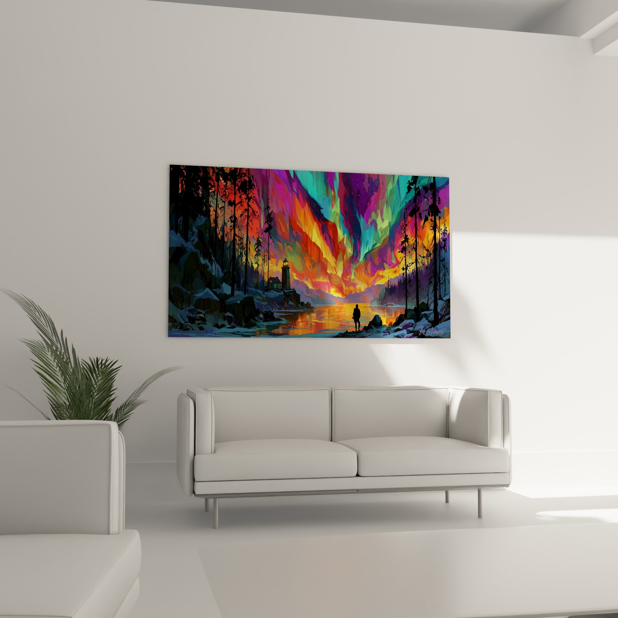 Ciel embrasé orange et violet, aurore boréale nordique au-dessus d'un canapé dans un salon lumineux