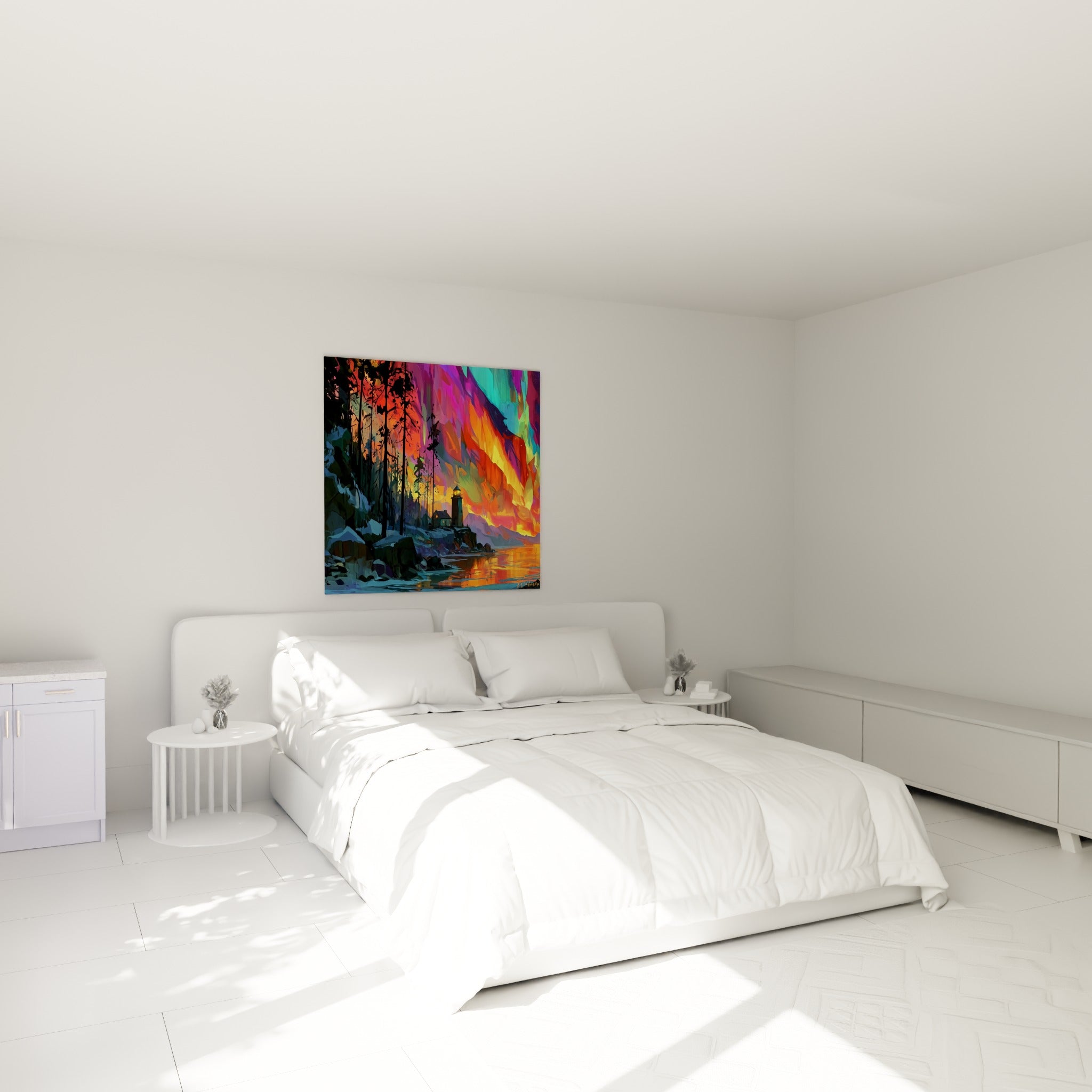 Aurore boréale orange et turquoise avec phare isolé, au-dessus d'un lit dans une chambre claire