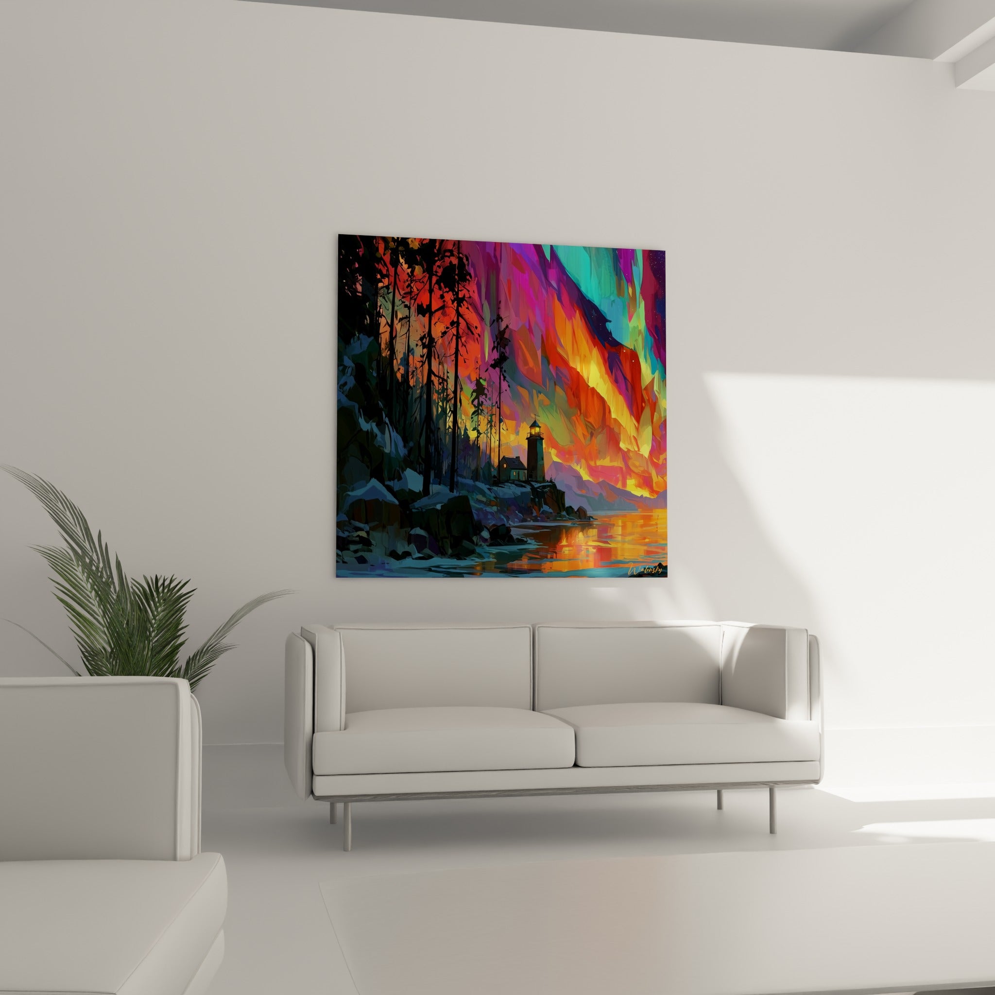 Ciel violet et corail traversant un paysage de sapins noirs, au-dessus d'un canapé dans un salon lumineux