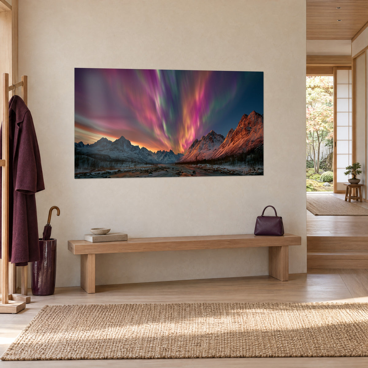 Wall art magenta and green aurora sky over a frozen valley, copper rocky ridges, hung in a japandi entryway