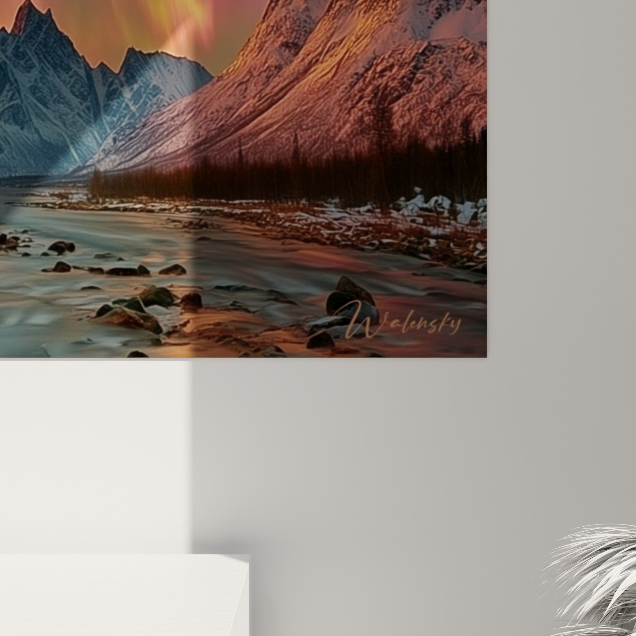 Détail de l'aurore boréale montrant les dégradés fondus entre rose, violet et orange sur la toile
