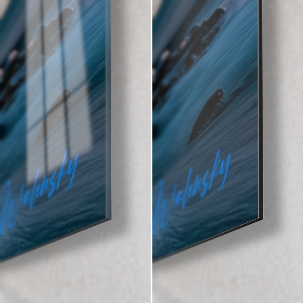 Wall art polar aurora, bottom right corner: glossy glass reflecting the windows, matte black Dibond, 3 mm edge