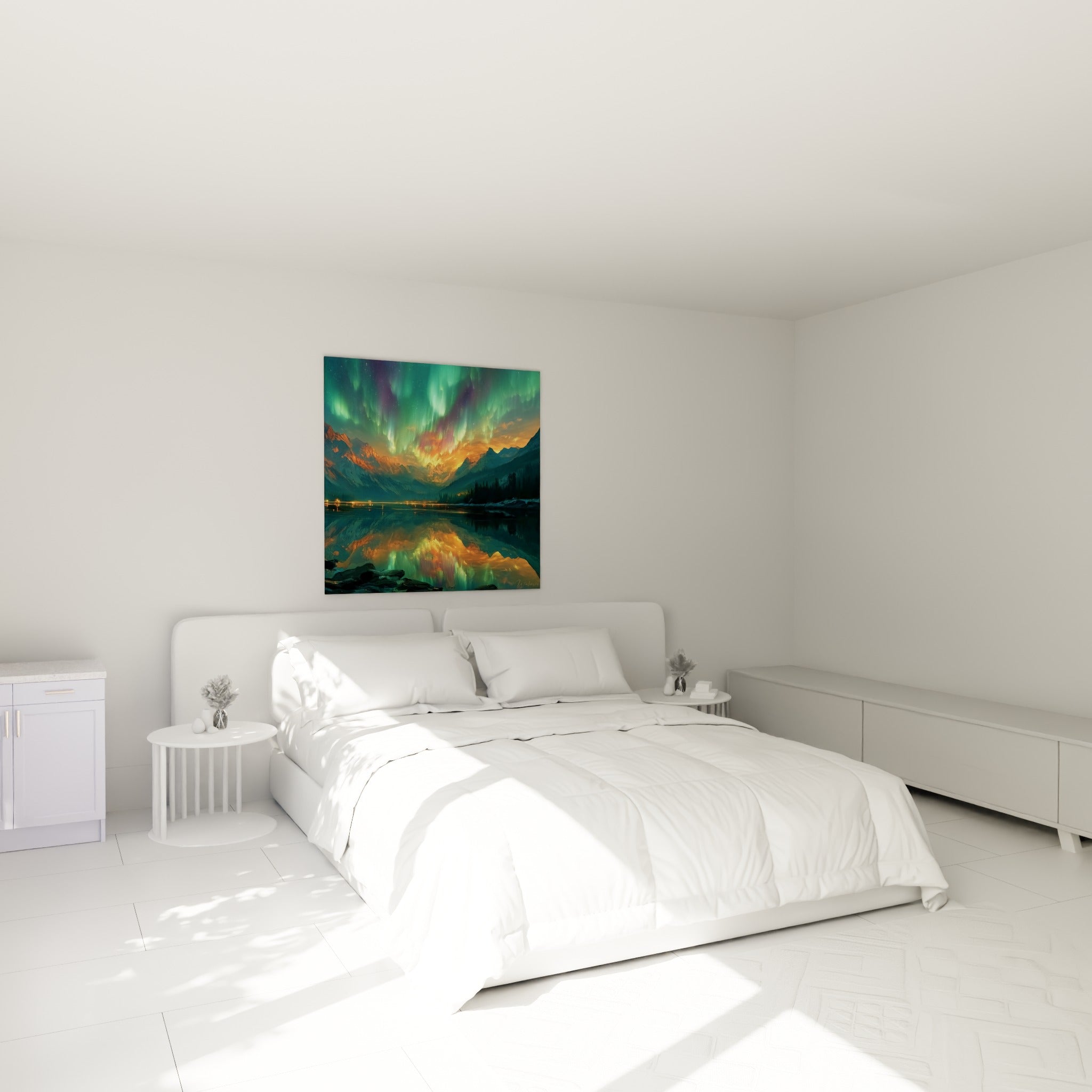 Voiles verts et lueur orange d'une aurore boréale au-dessus d'un lit dans une chambre claire