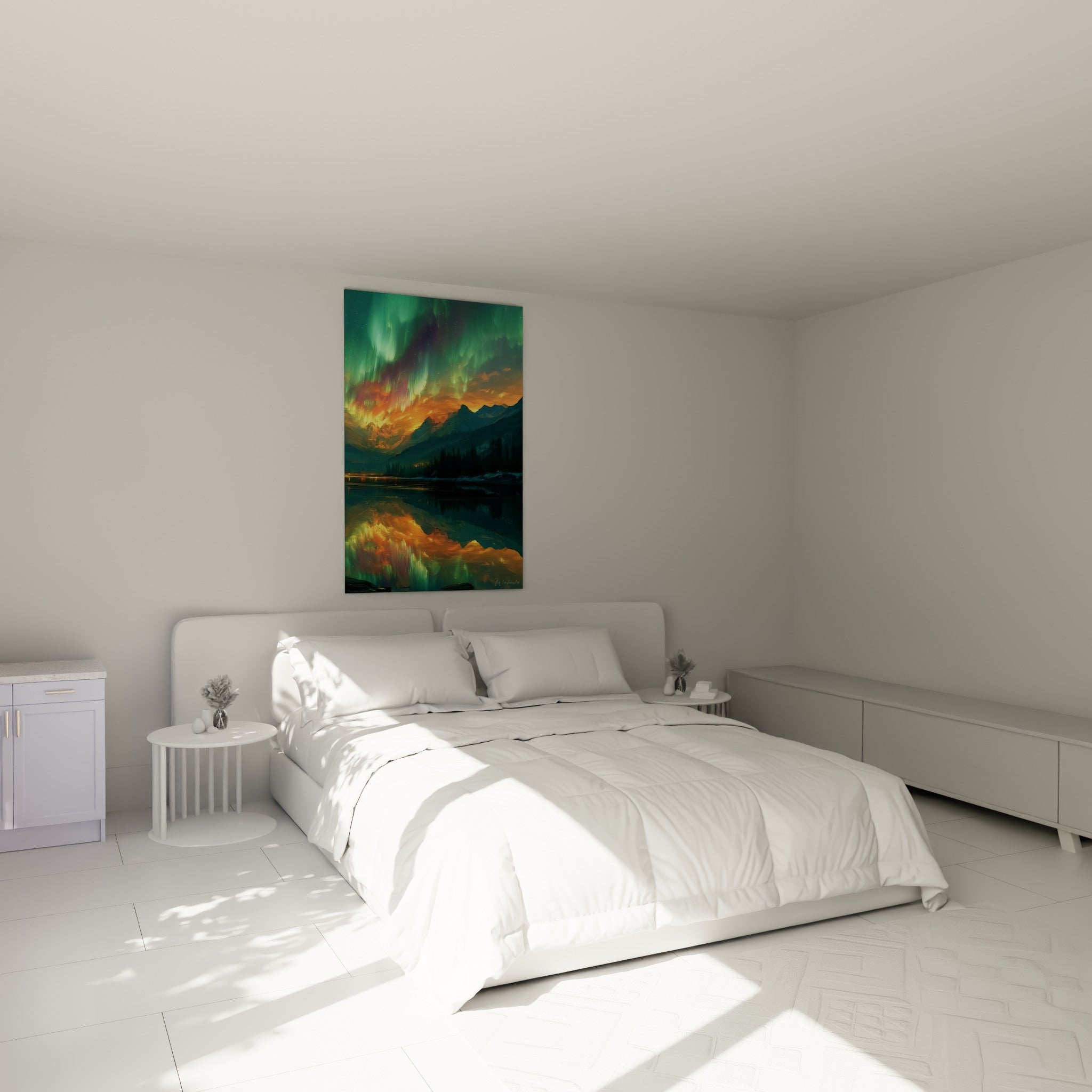Montagnes enneigées sous une aurore boréale vert et orangé, au-dessus d'un lit dans une chambre claire