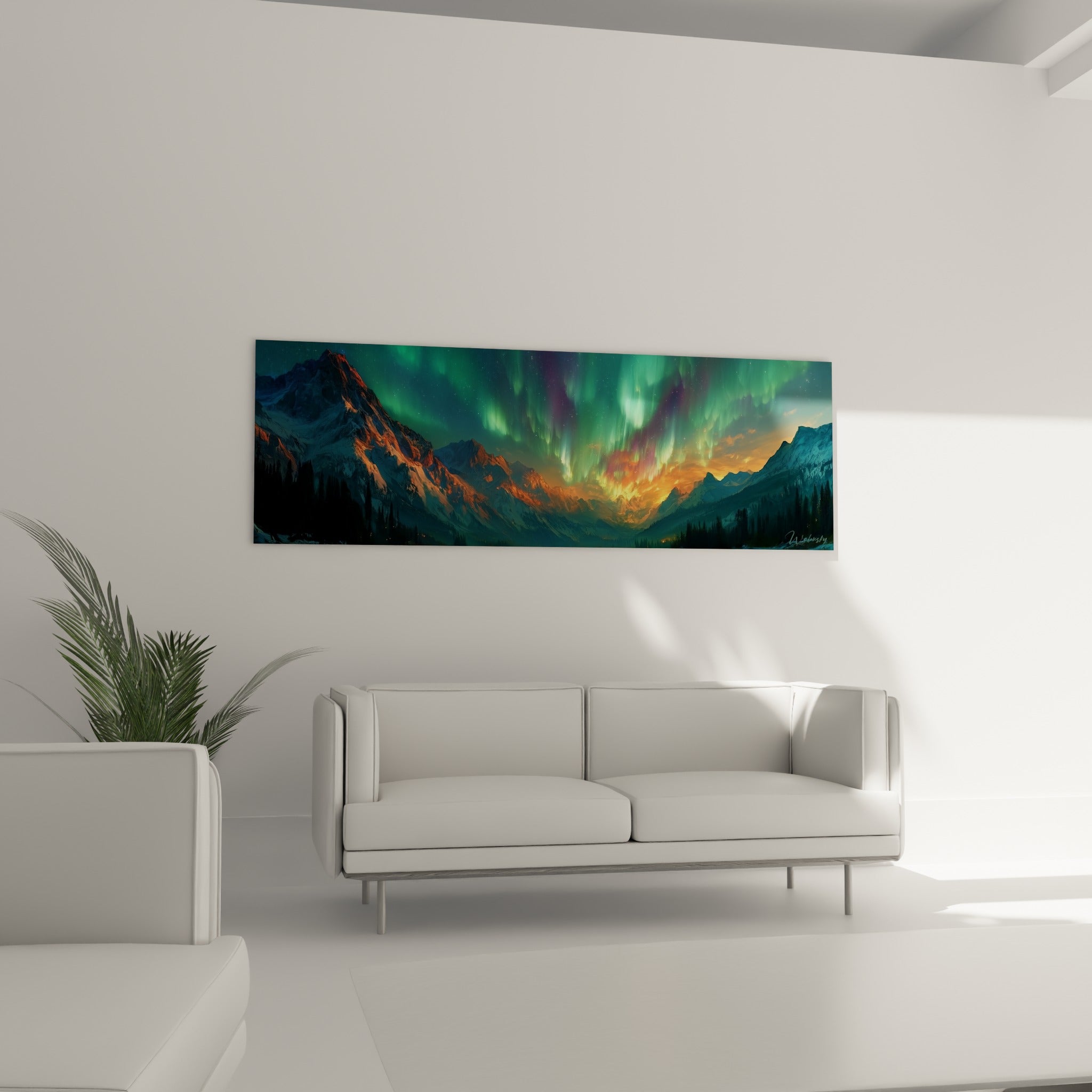 Chaîne de montagnes sous des voiles d'aurore émeraude et violette, au-dessus d'un canapé dans un salon lumineux