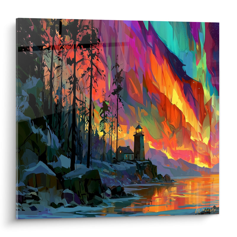 Tableau Phare orange et turquoise sous ciel embrasé - Veille sur la falaise - Edition Aurore boréal