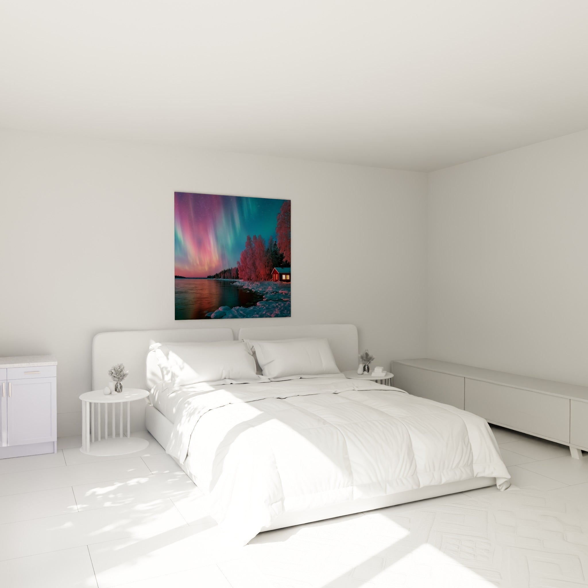 Aurore boréale rose et turquoise déployée au-dessus d'un lit dans une chambre claire