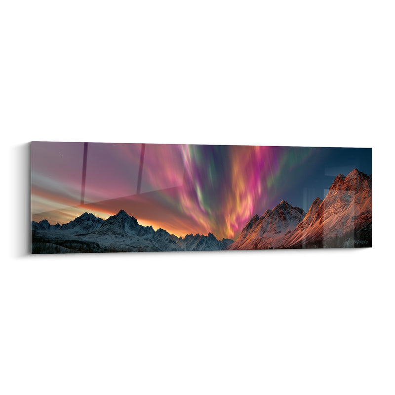 Gemälde Verschneite Gipfel in Magenta- und Goldtönen - Panorama von Zwillingstoppen - Edition Polarlicht