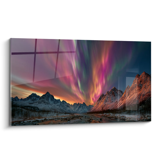 Frozen River Painting Between Pink and Purple Peaks - Starry Glacial Valley - Aurora Edition