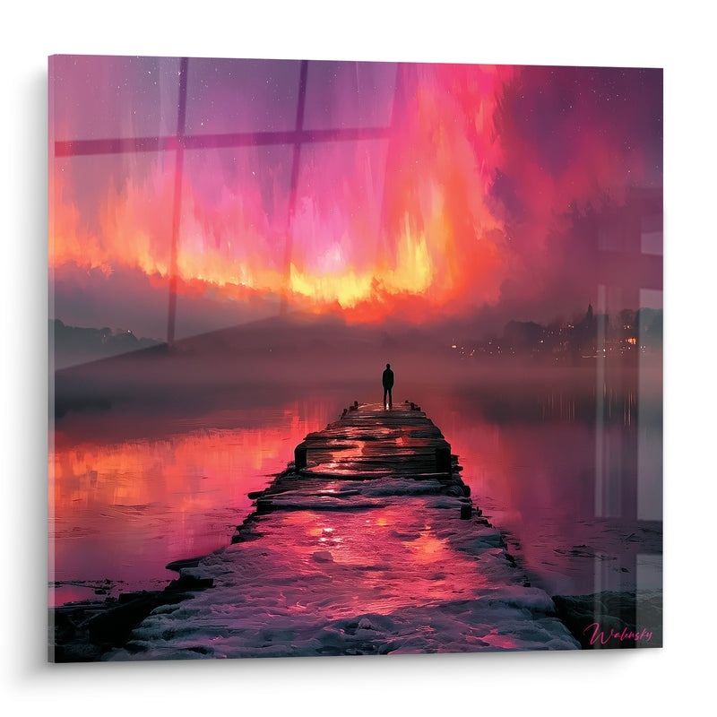 Tableau Silhouette sur ponton rose et violet - Face à l'immensité - Edition Aurore boréal